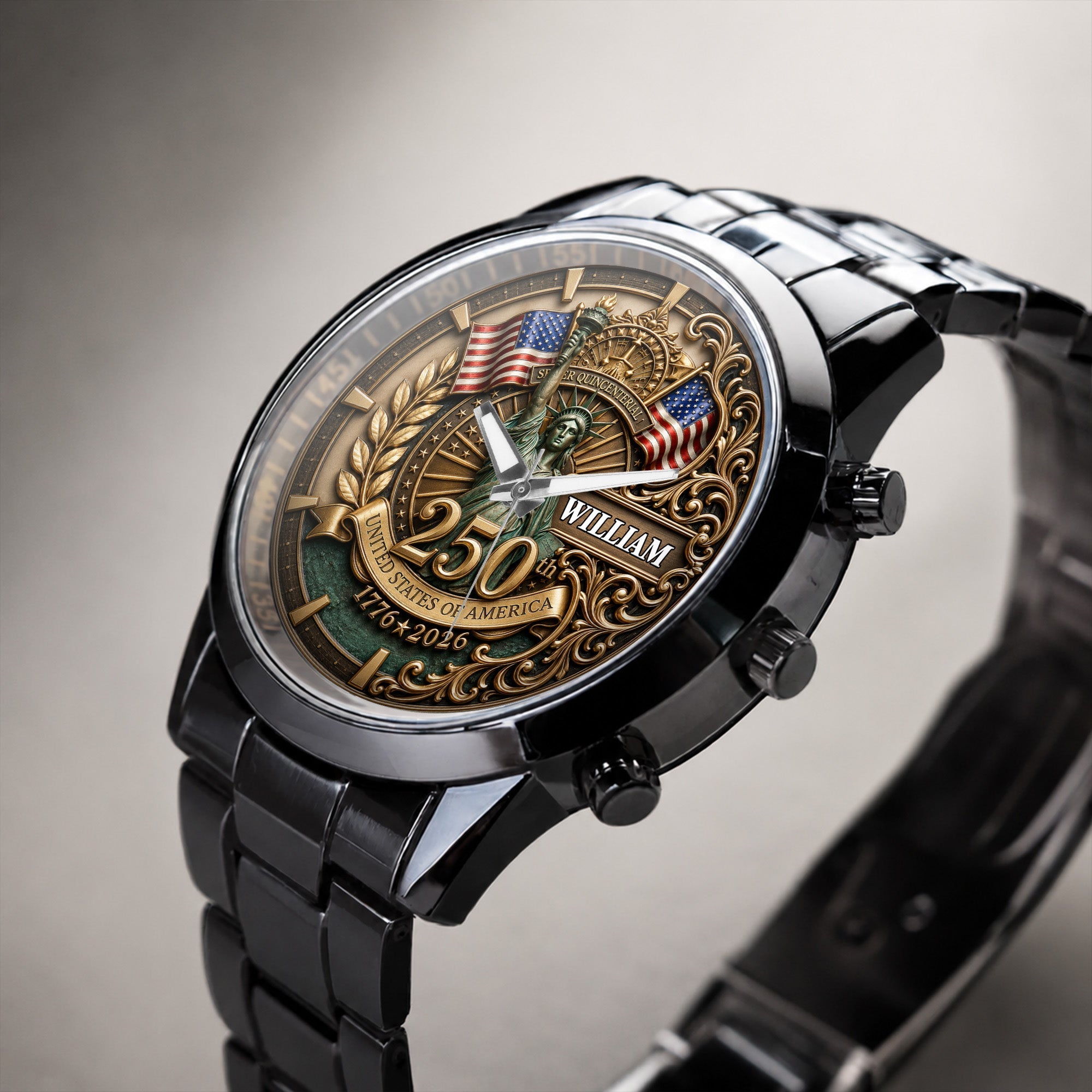 Personalized Men's Watch Custom Name American Flag Gift for Dad