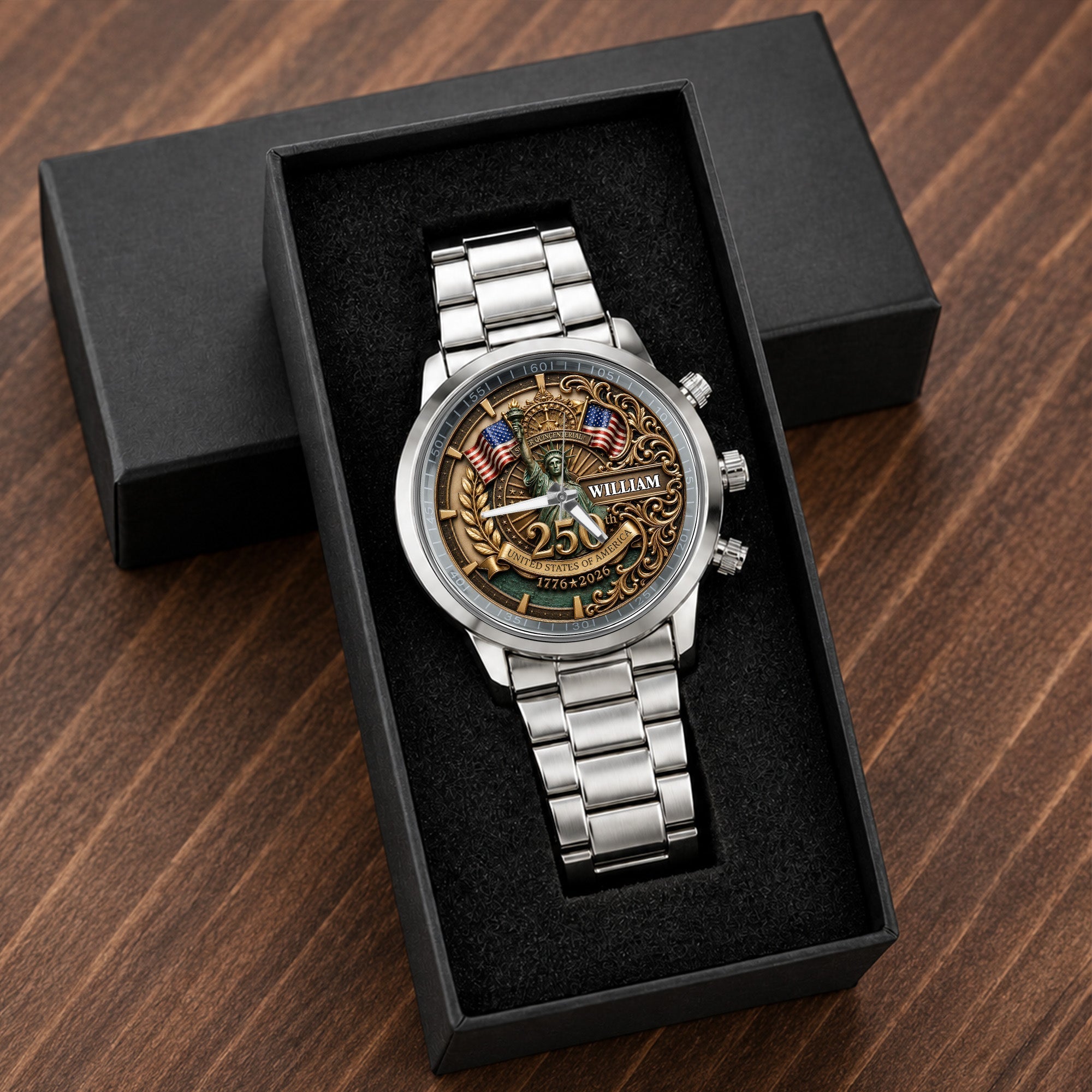 Personalized Men's Watch Custom Name American Flag Gift for Dad