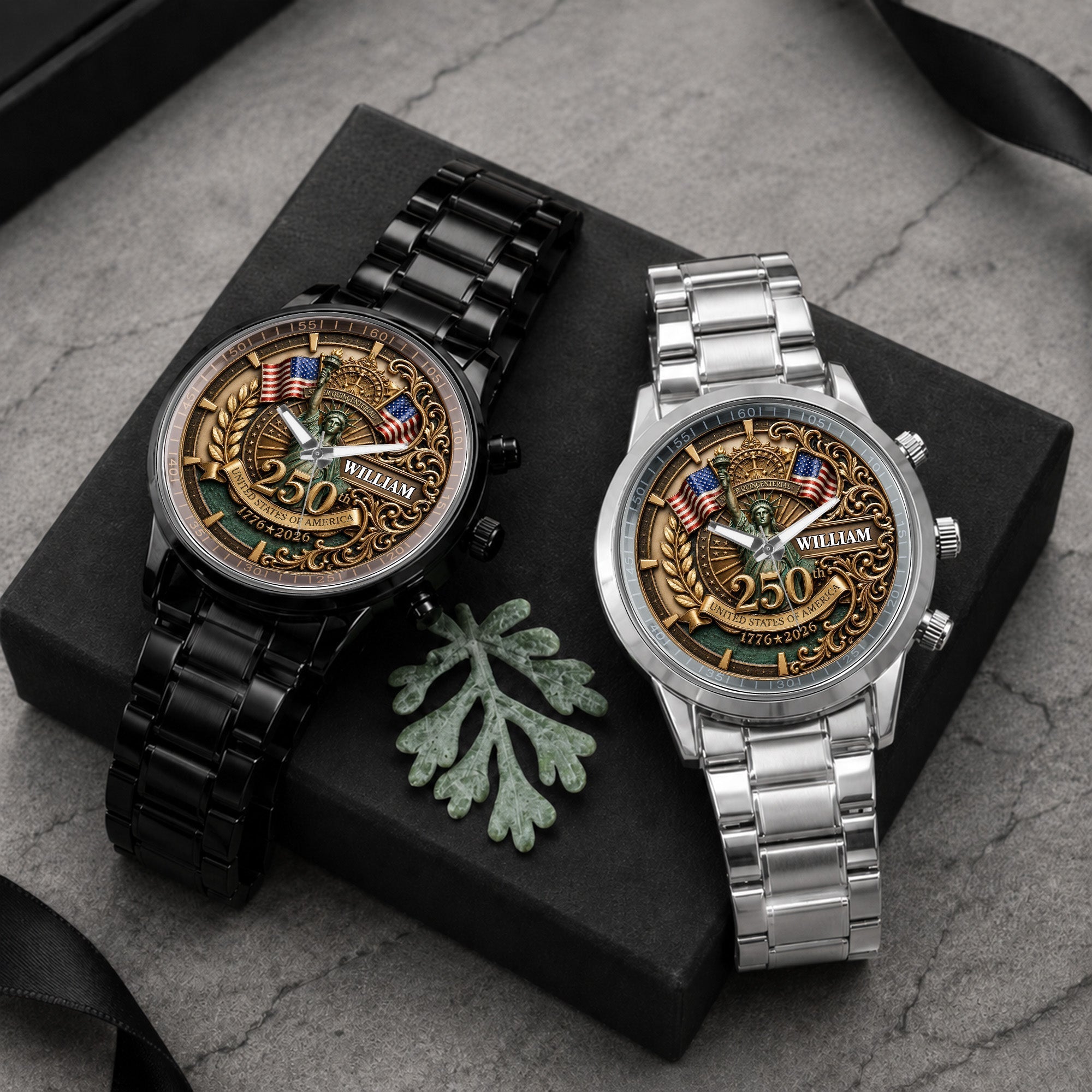 Personalized Men's Watch Custom Name American Flag Gift for Dad