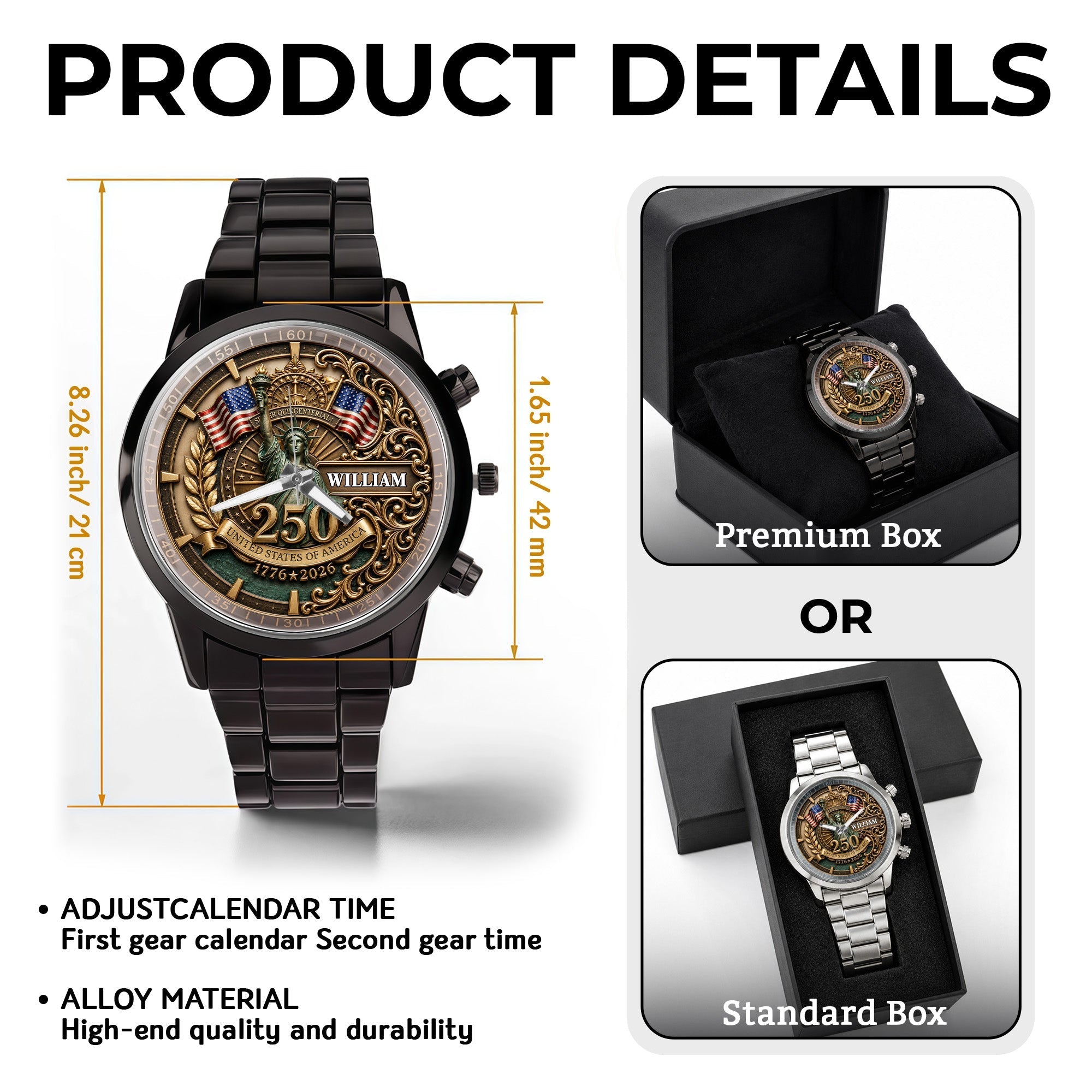 Personalized Men's Watch Custom Name American Flag Gift for Dad