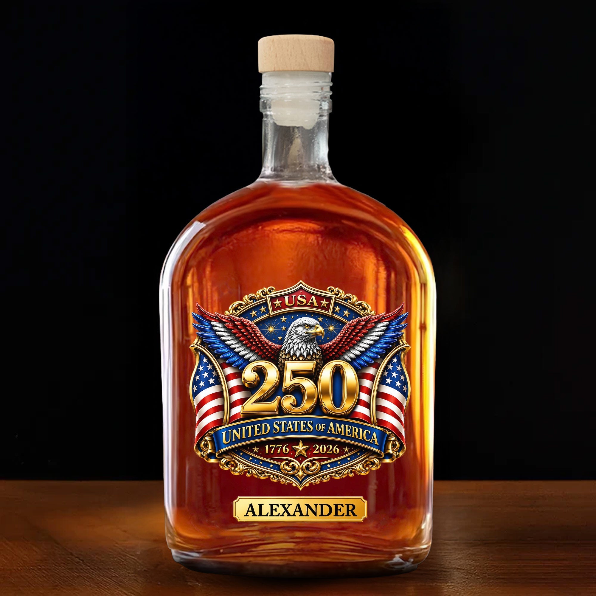 Personalized Whiskey Bottle with Eagle & American Flag Design for Dad, 4th of July Gift