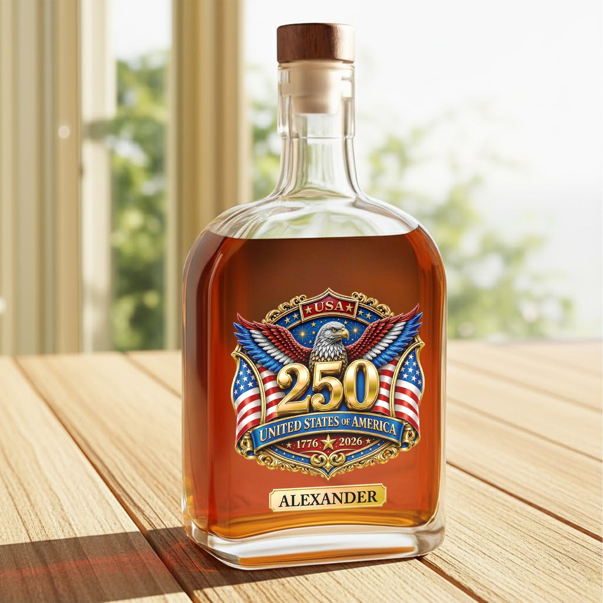 Personalized Whiskey Bottle with Eagle & American Flag Design for Dad, 4th of July Gift