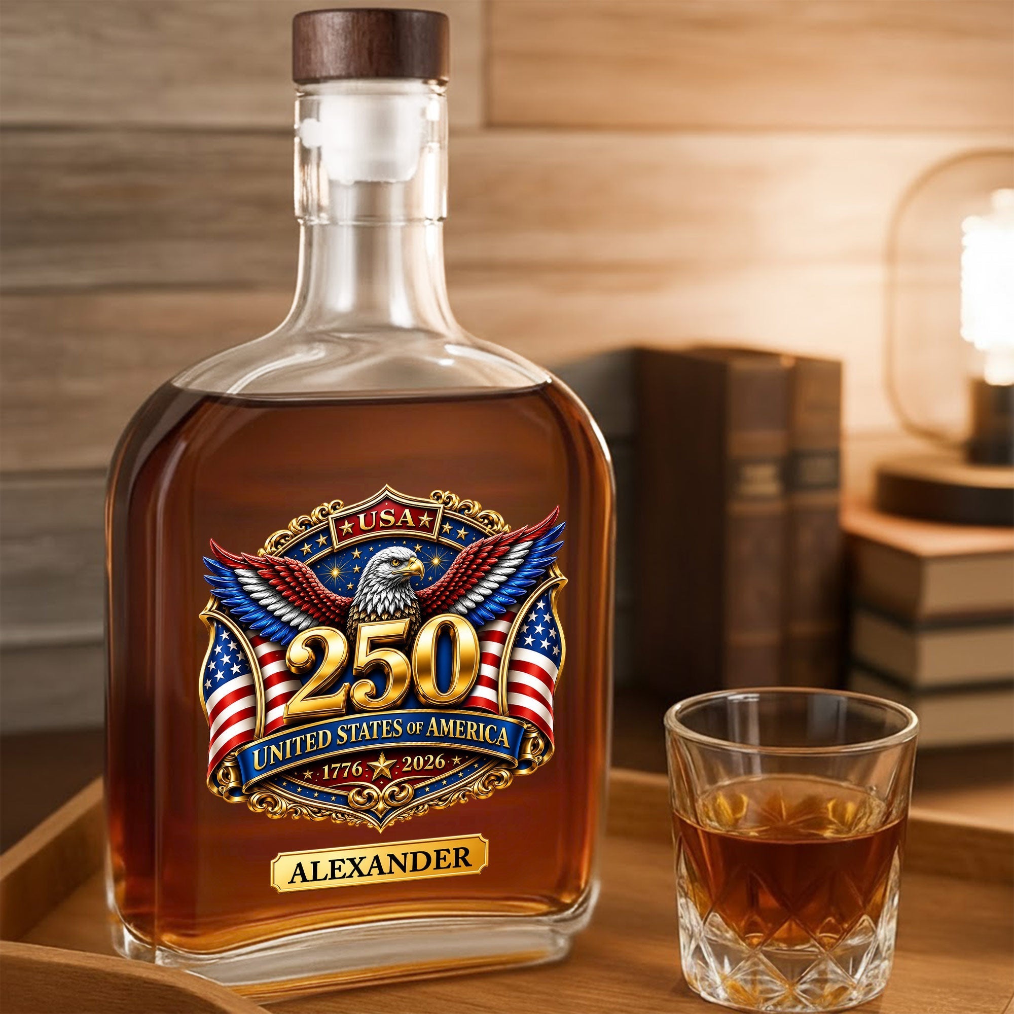 Personalized Whiskey Bottle with Eagle & American Flag Design for Dad, 4th of July Gift