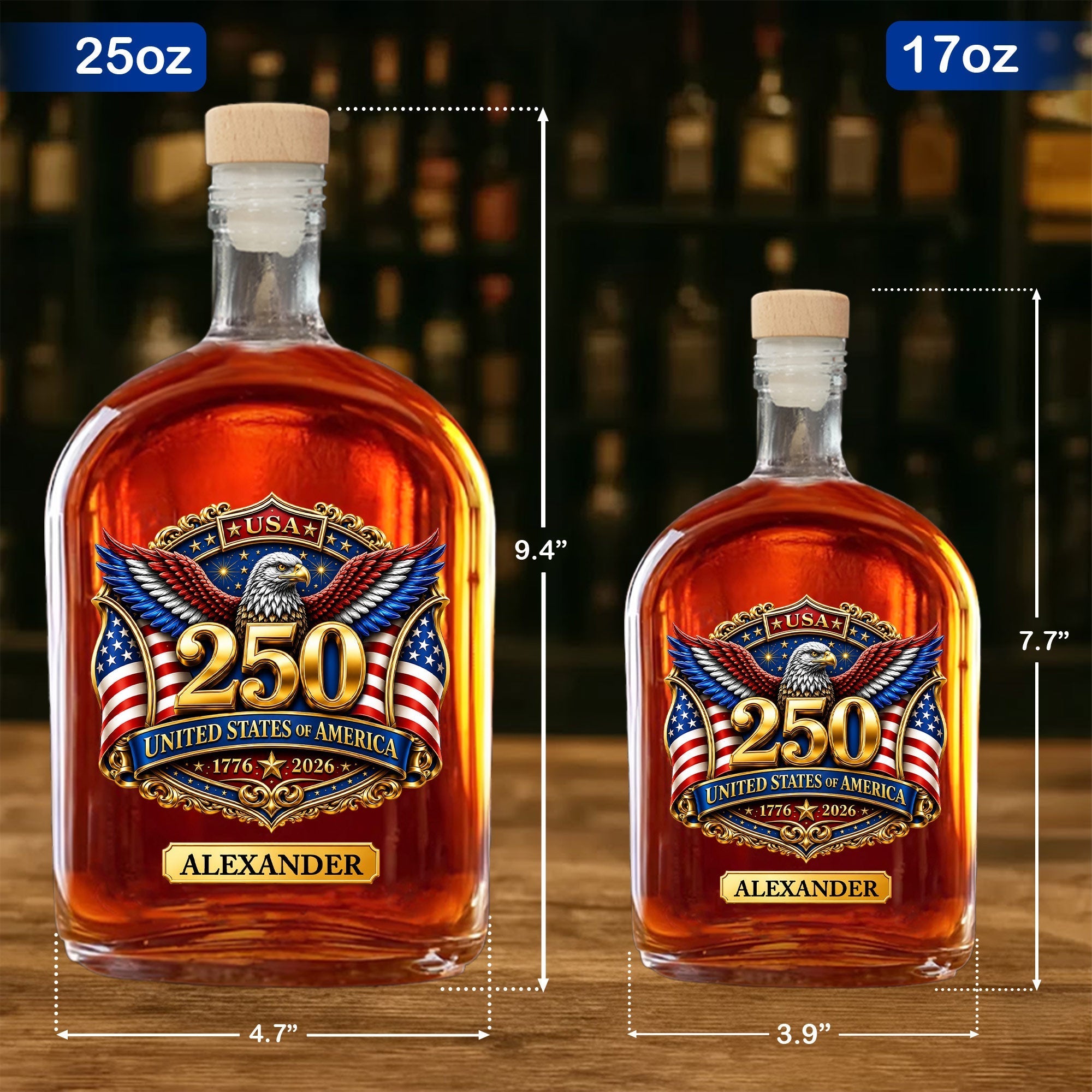 Personalized Whiskey Bottle with Eagle & American Flag Design for Dad, 4th of July Gift