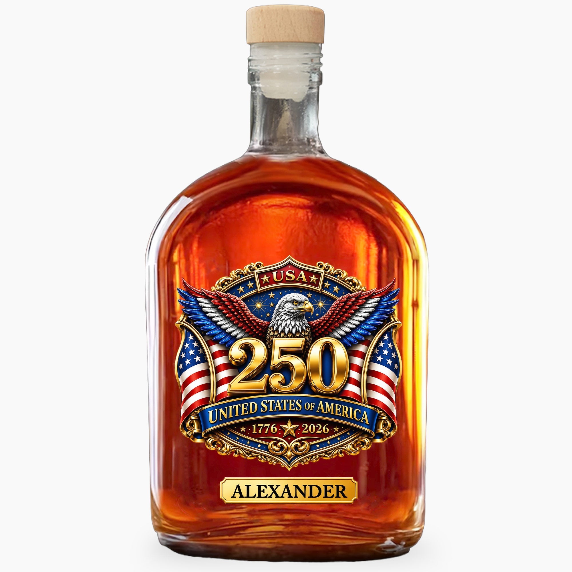 Personalized Whiskey Bottle with Eagle & American Flag Design for Dad, 4th of July Gift