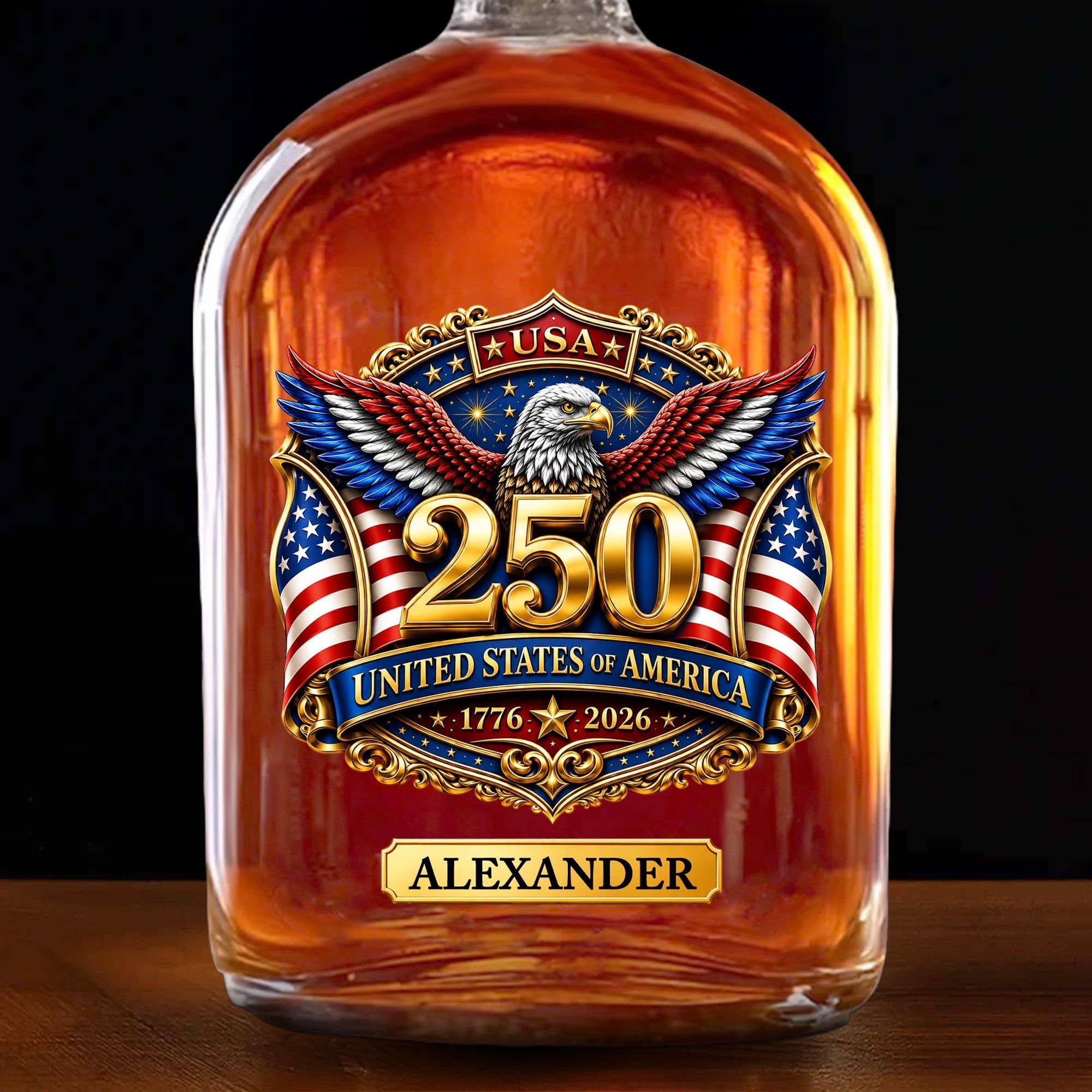 Personalized Whiskey Bottle with Eagle & American Flag Design for Dad, 4th of July Gift