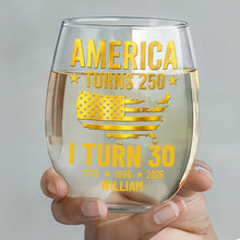 Load image into Gallery viewer, Personalized Stemless Wine Glass USA Map Custom Gift for 250th Birthday
