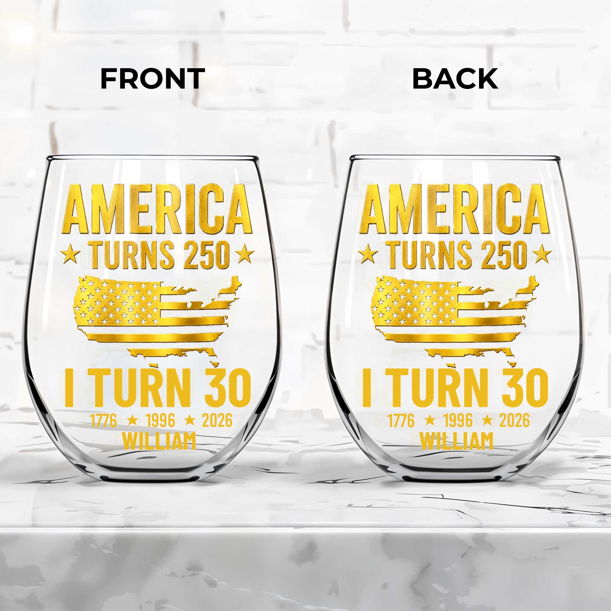 Personalized Stemless Wine Glass USA Map Custom Gift for 250th Birthday