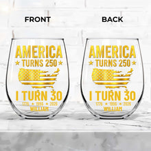 Load image into Gallery viewer, Personalized Stemless Wine Glass USA Map Custom Gift for 250th Birthday
