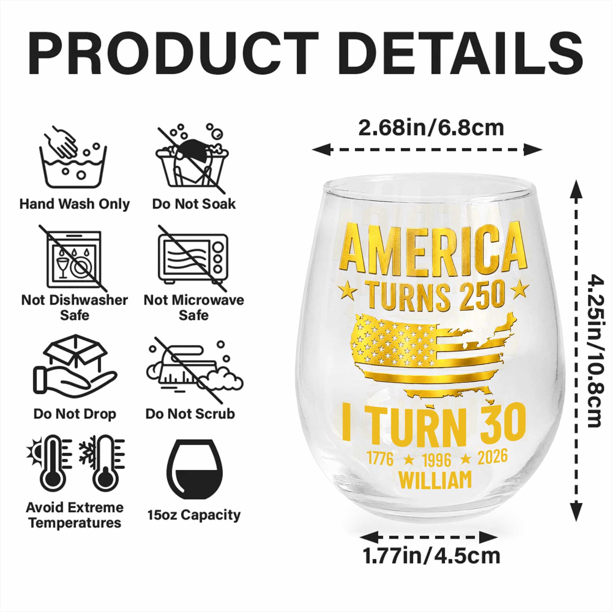Personalized Stemless Wine Glass USA Map Custom Gift for 250th Birthday
