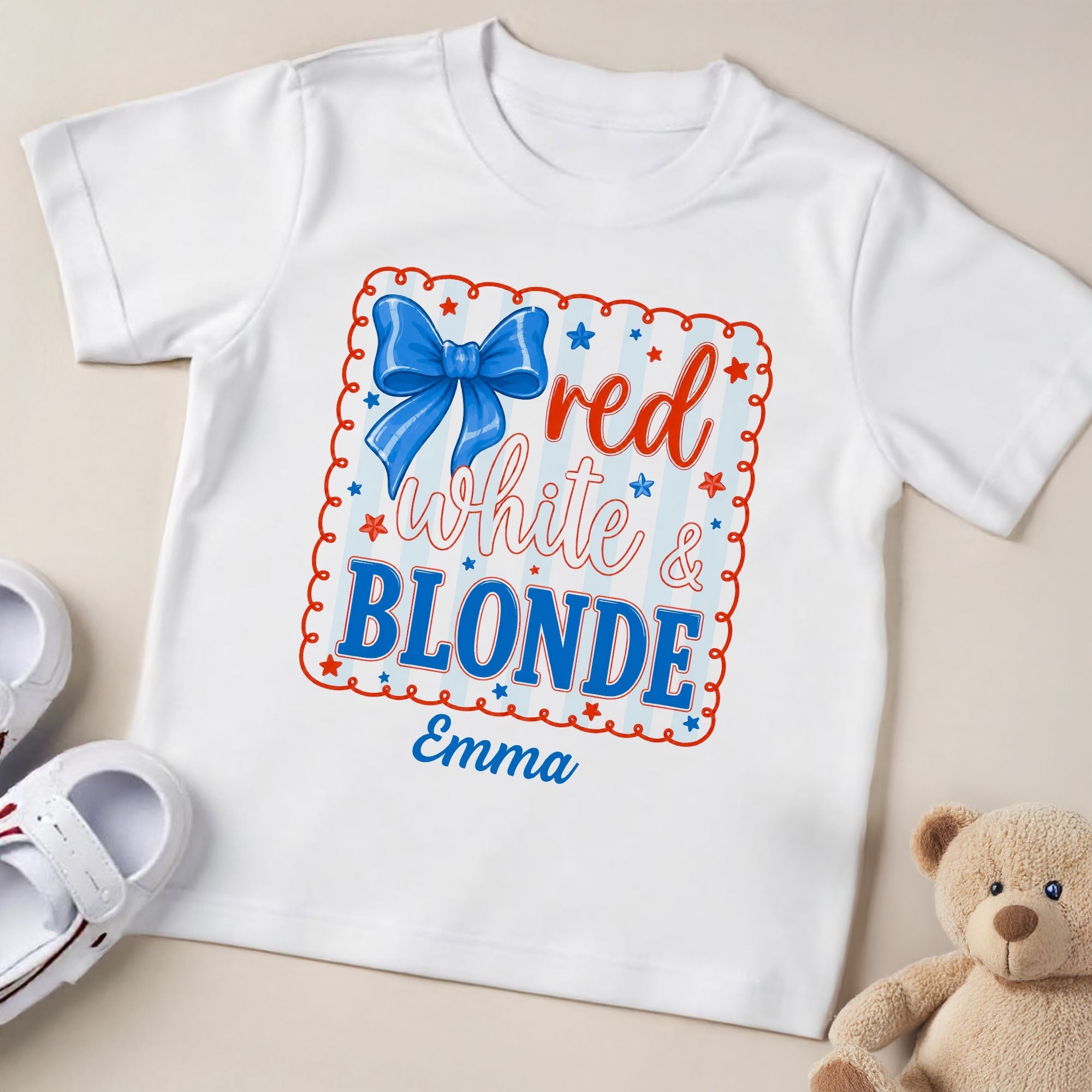 Personalized Patriotic Youth T-Shirt Custom Name Red White & Blonde Gift for Kids