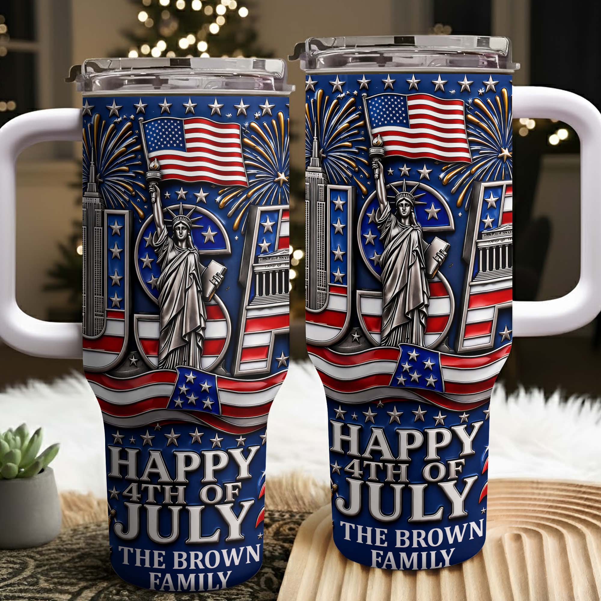 Personalized 40oz Tumbler with Straw American Flag Gift for 4th of July