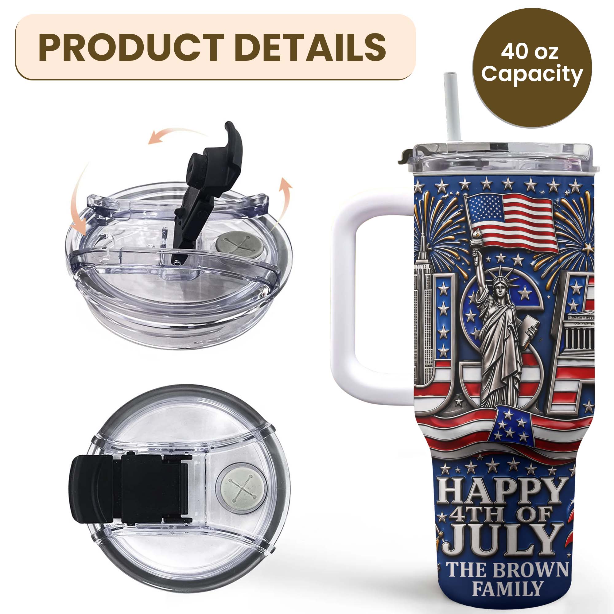 Personalized 40oz Tumbler with Straw American Flag Gift for 4th of July