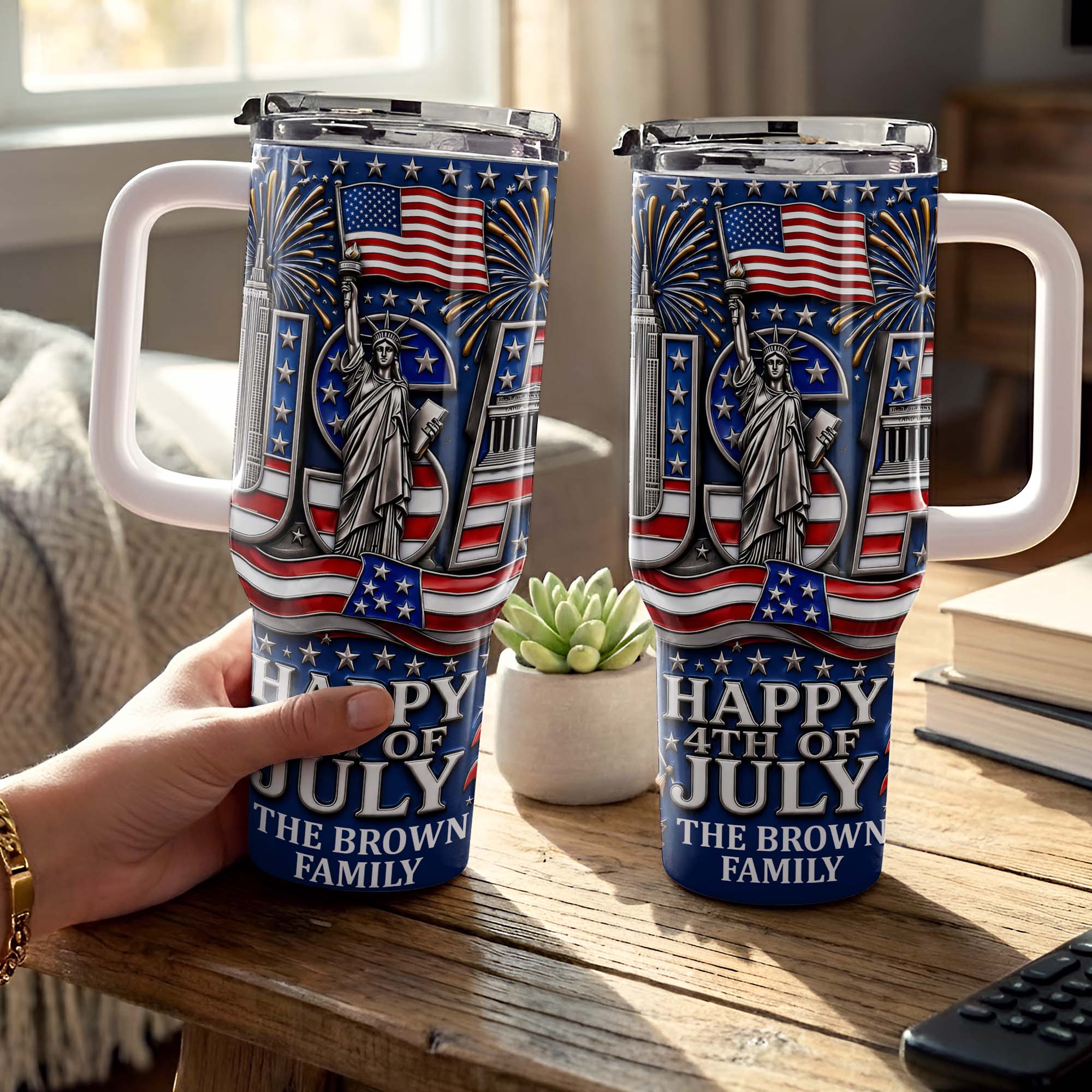 Personalized 40oz Tumbler with Straw American Flag Gift for 4th of July