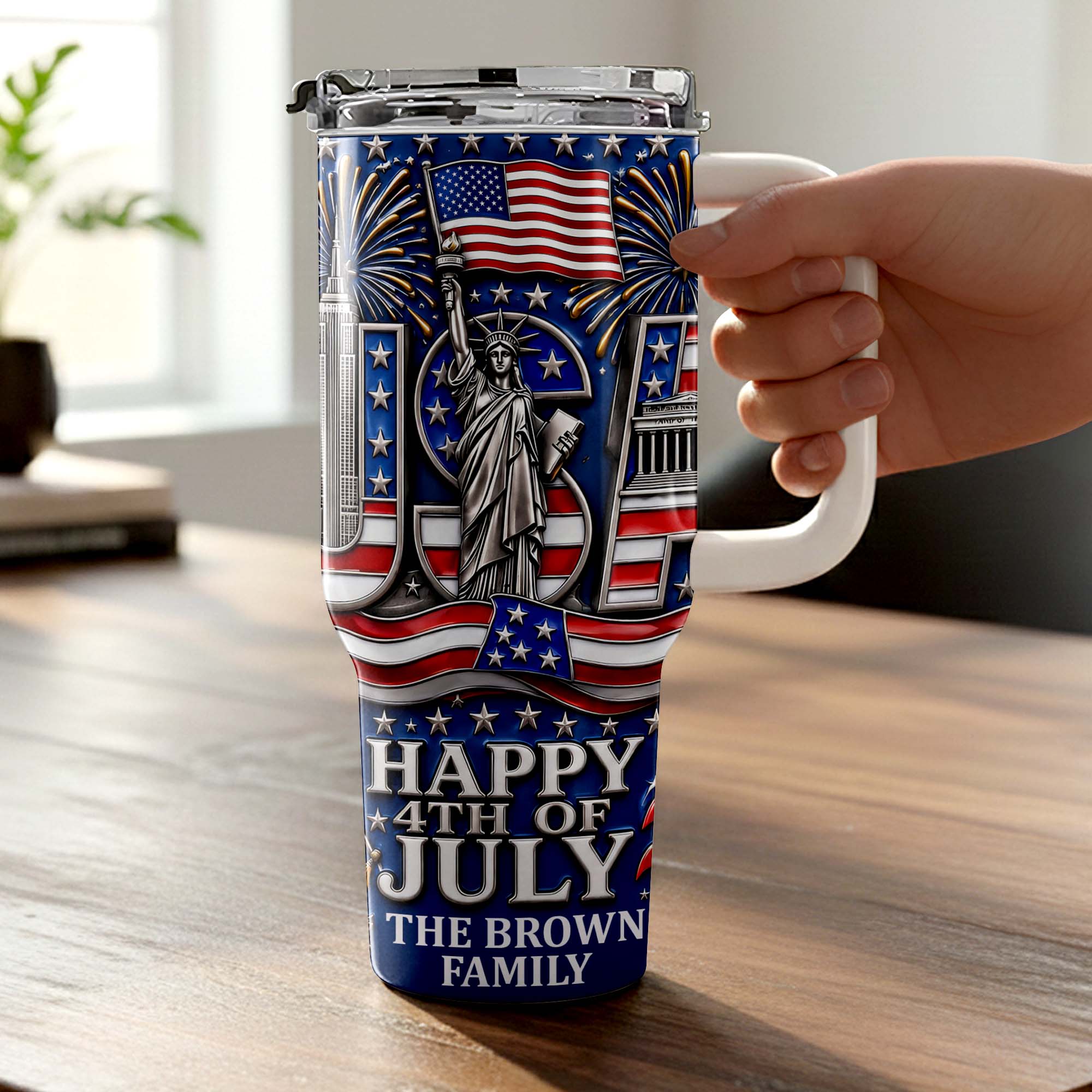 Personalized 40oz Tumbler with Straw American Flag Gift for 4th of July