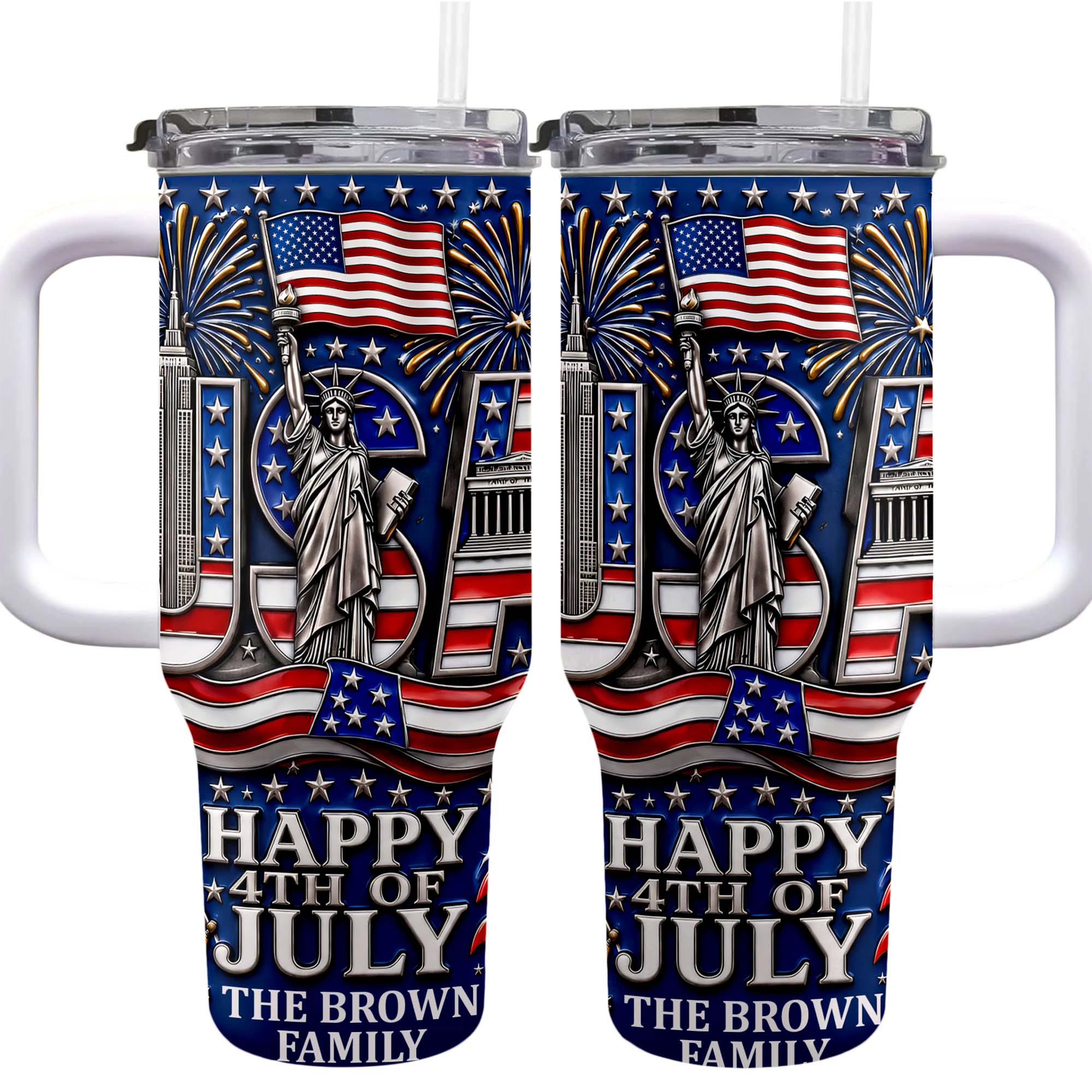 Personalized 40oz Tumbler with Straw American Flag Gift for 4th of July