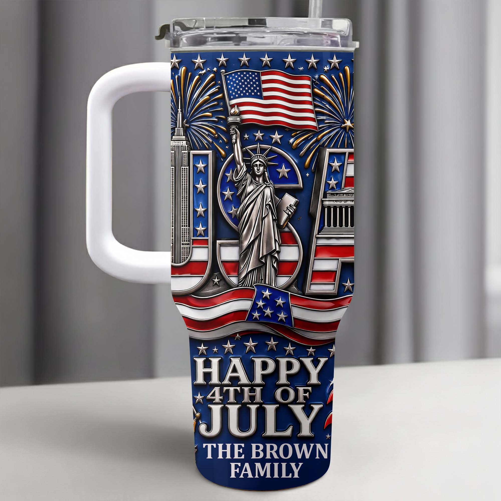 Personalized 40oz Tumbler with Straw American Flag Gift for 4th of July