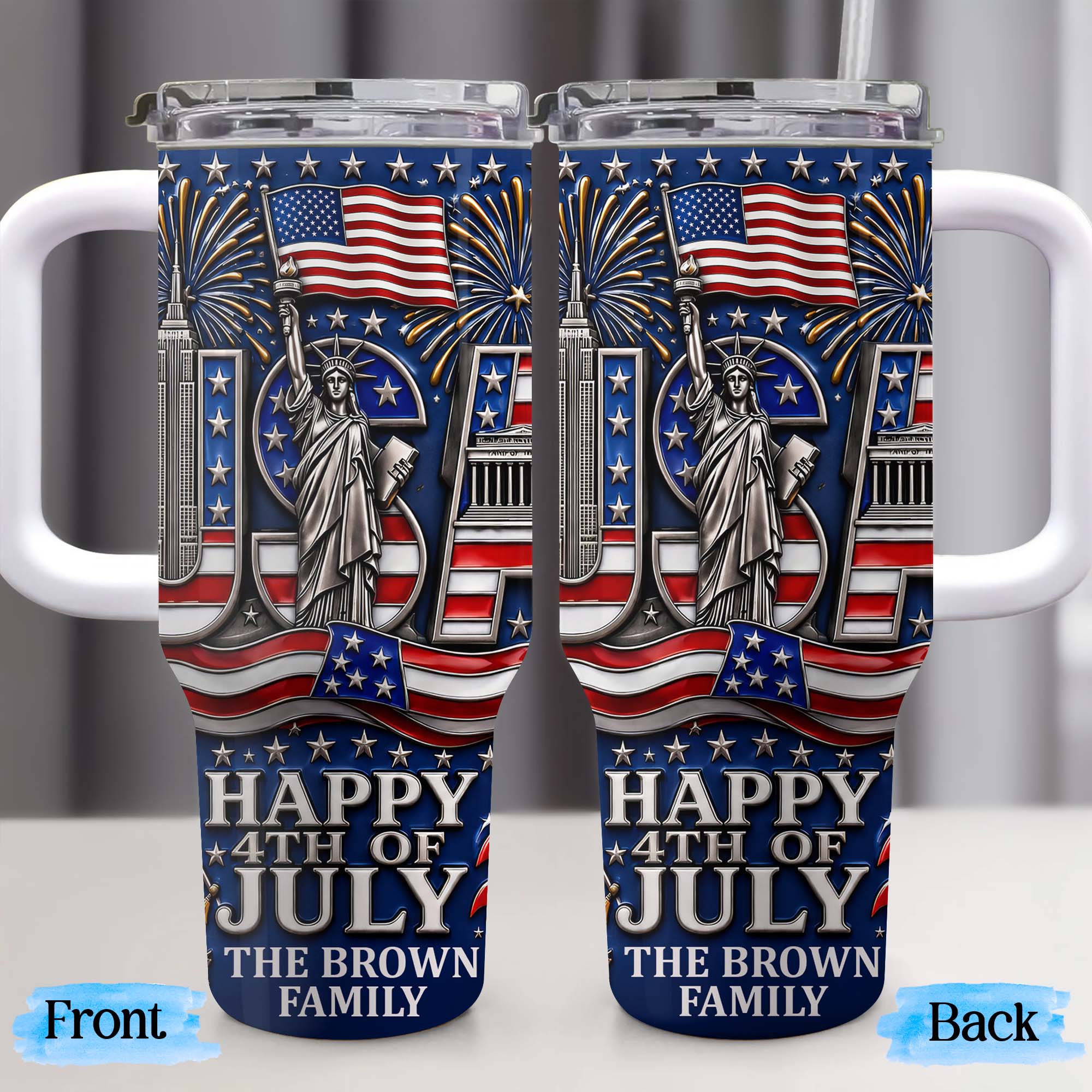 Personalized 40oz Tumbler with Straw American Flag Gift for 4th of July