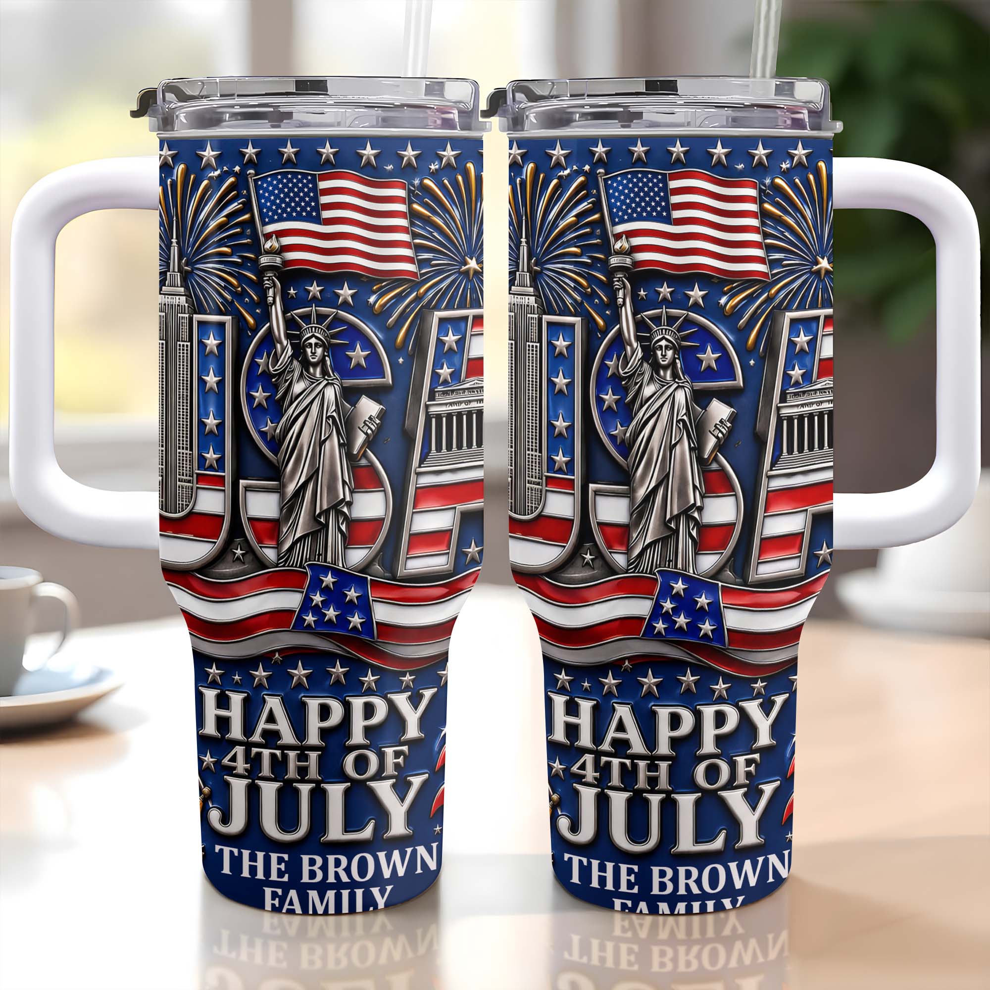 Personalized 40oz Tumbler with Straw American Flag Gift for 4th of July