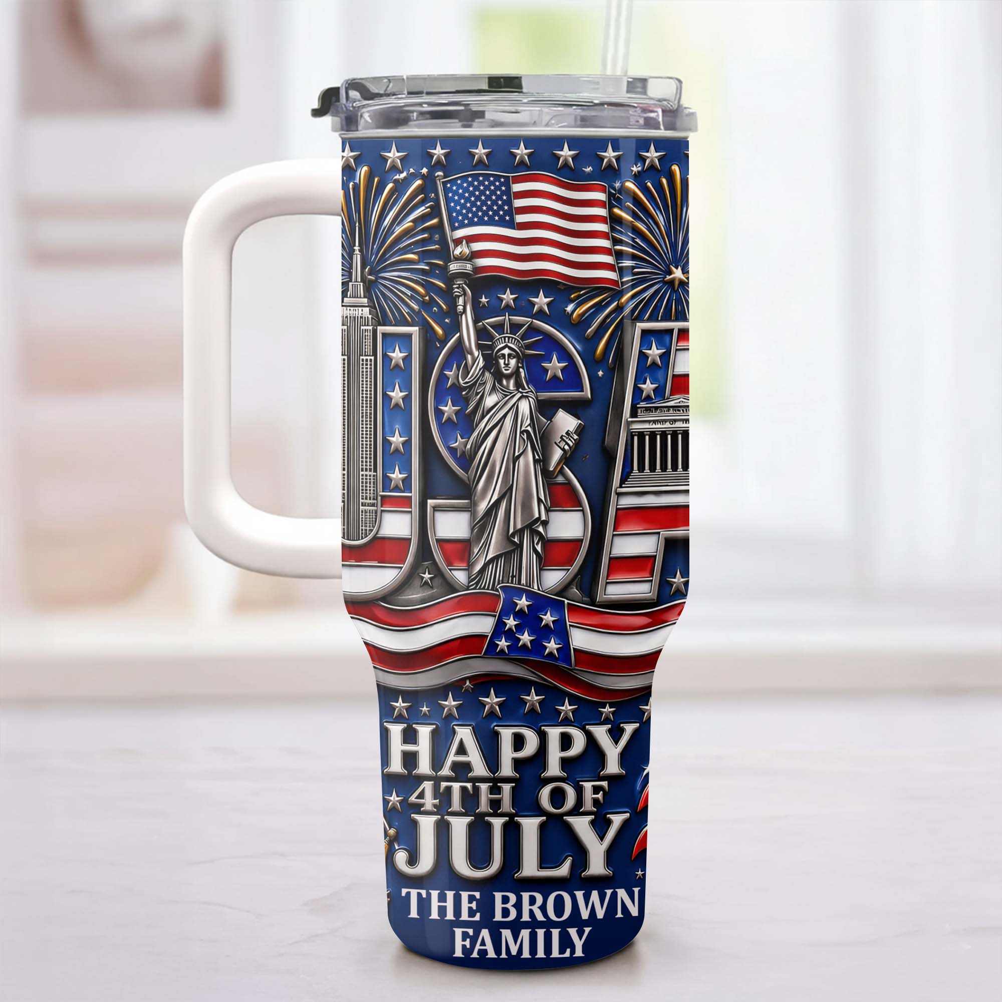 Personalized 40oz Tumbler with Straw American Flag Gift for 4th of July