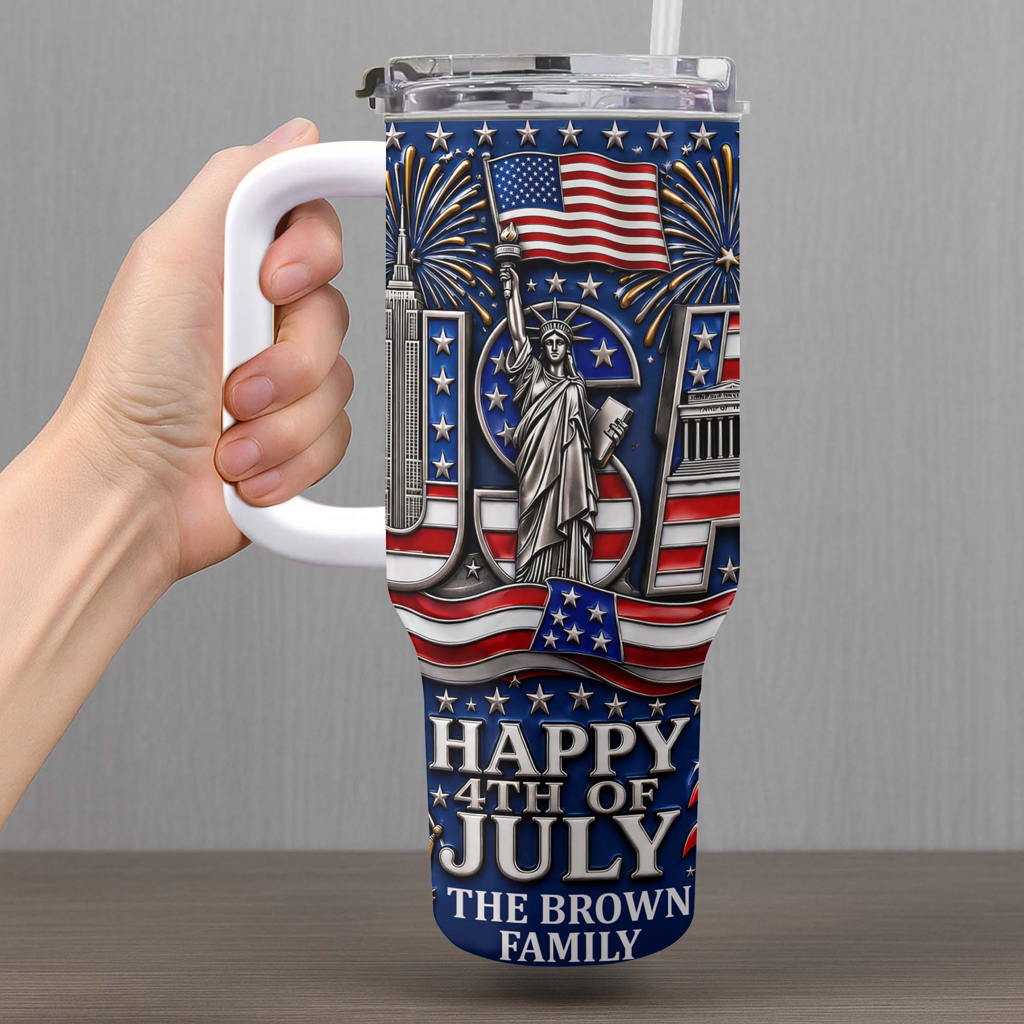 Personalized 40oz Tumbler with Straw American Flag Gift for 4th of July