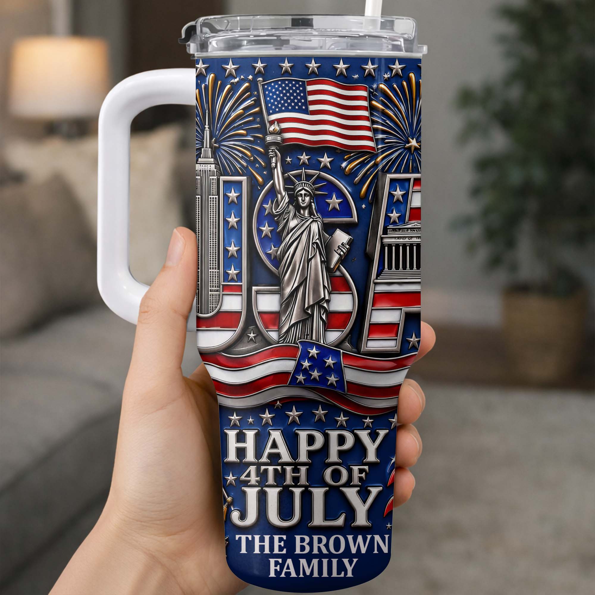 Personalized 40oz Tumbler with Straw American Flag Gift for 4th of July