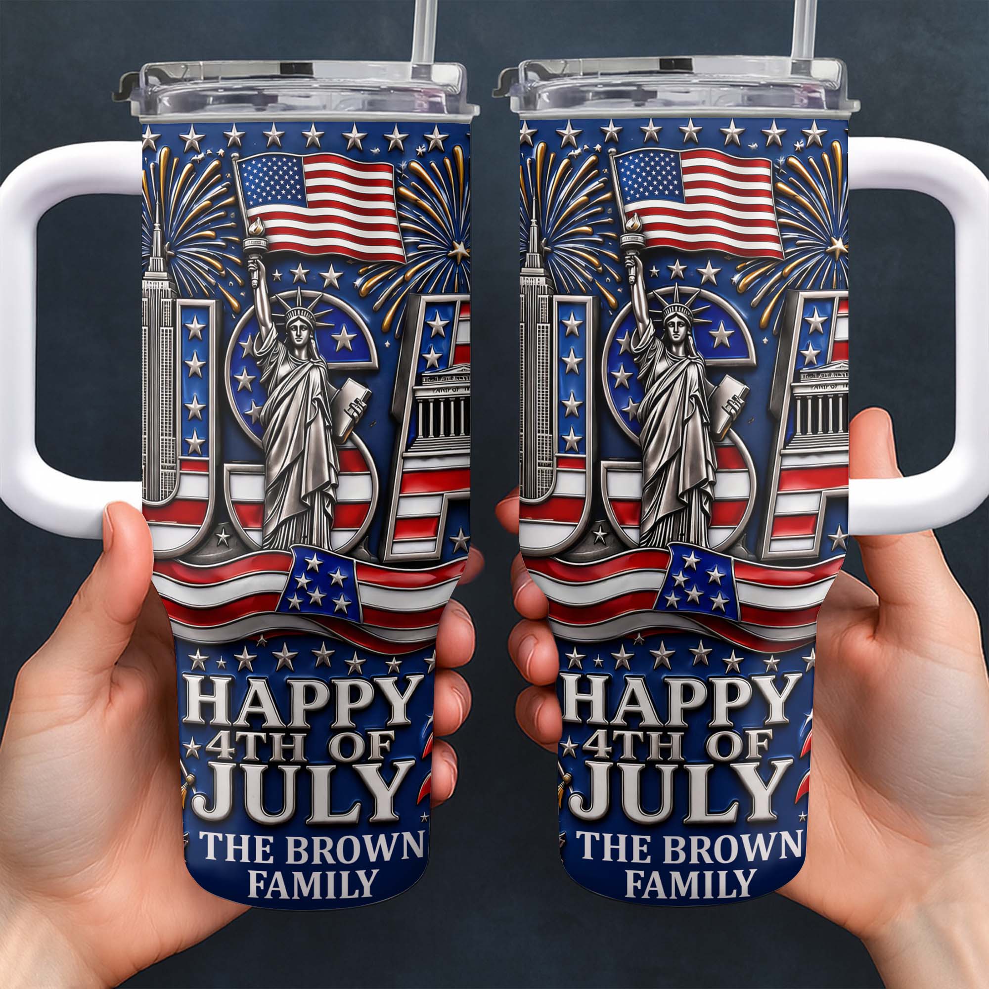 Personalized 40oz Tumbler with Straw American Flag Gift for 4th of July