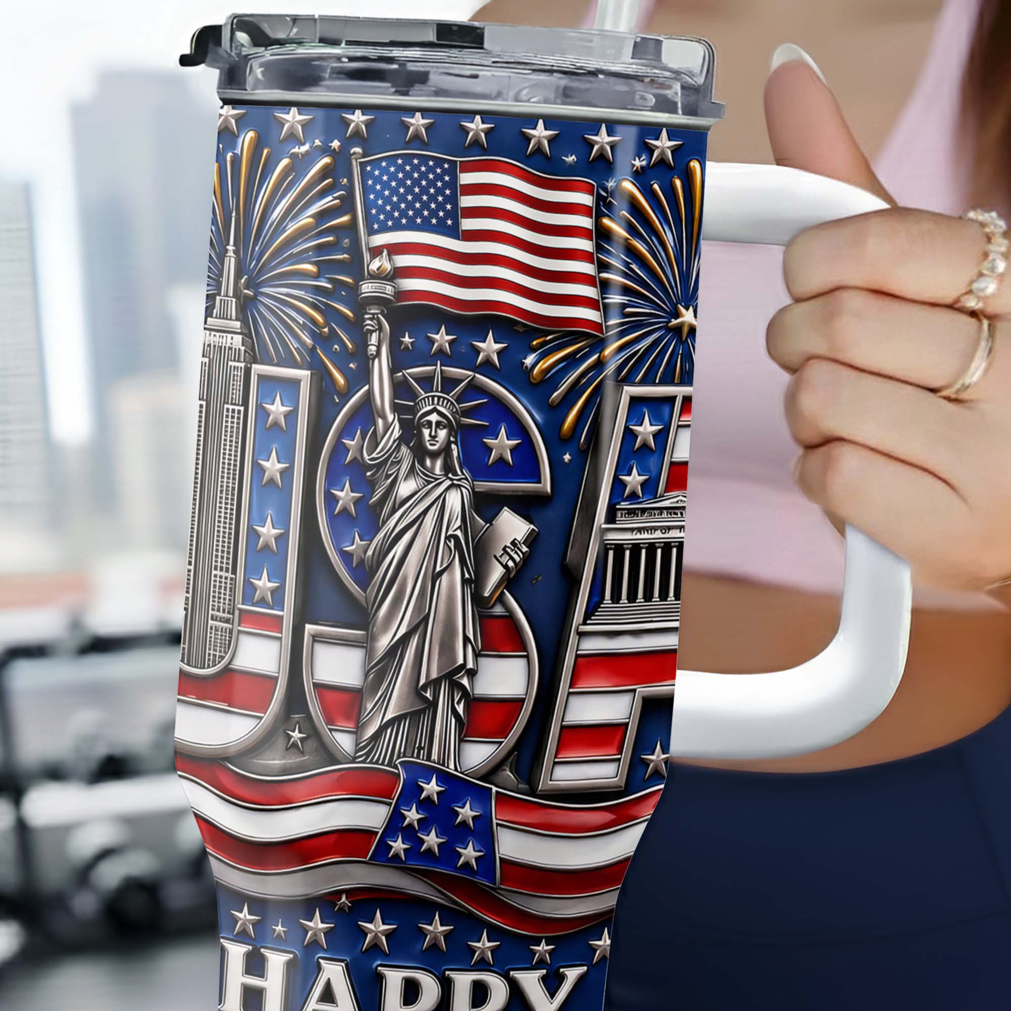Personalized 40oz Tumbler with Straw American Flag Gift for 4th of July