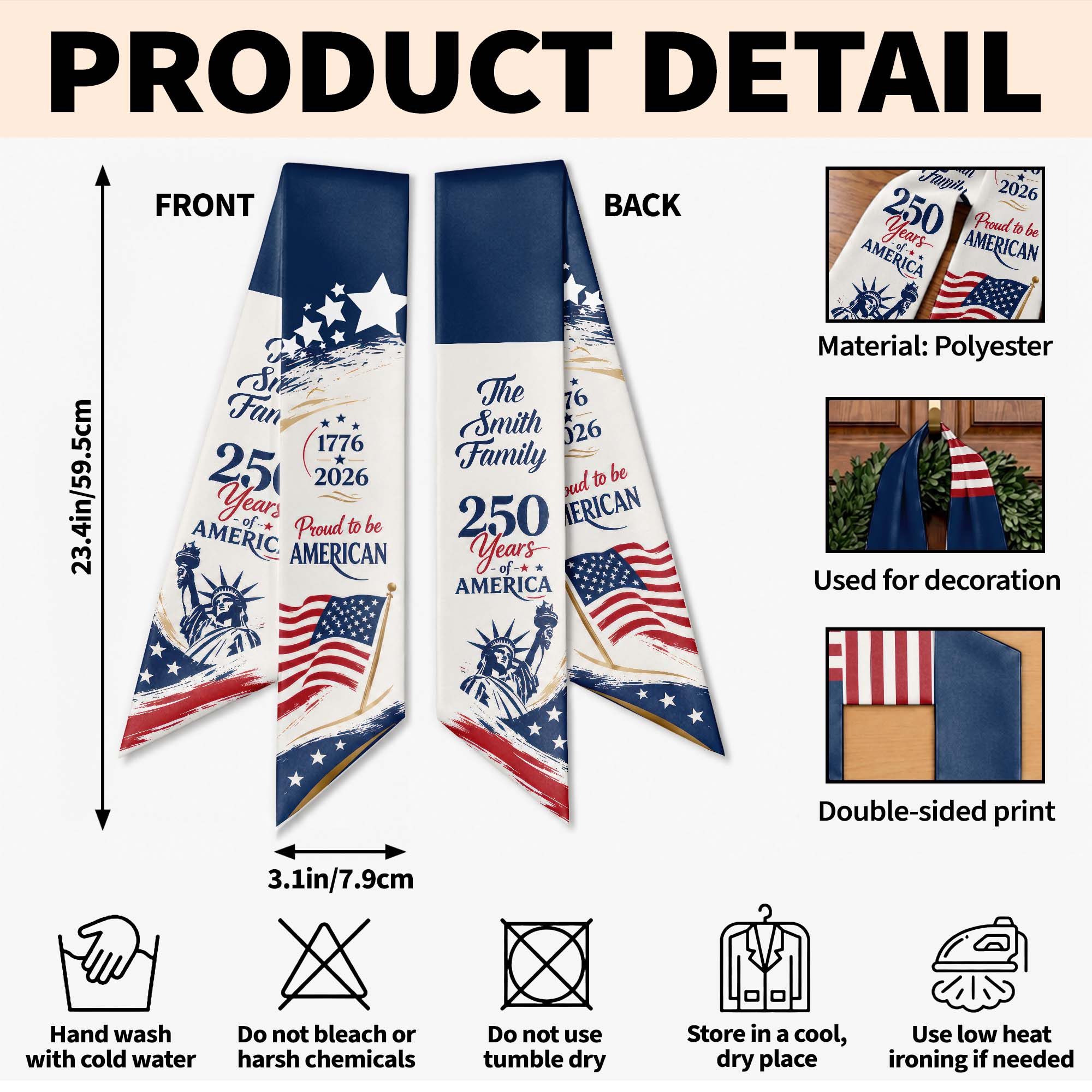 Personalized American Flag Decorative Sash Custom Family Name 4th of July Gift