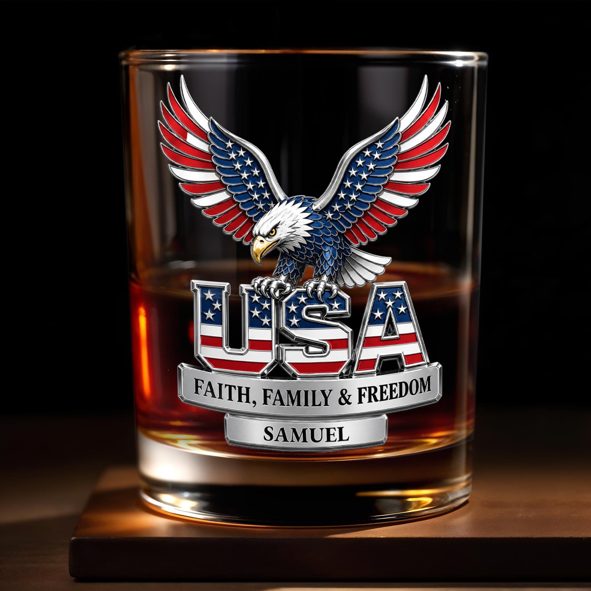 Personalized Patriotic Eagle Whiskey Glass Gift for Dad