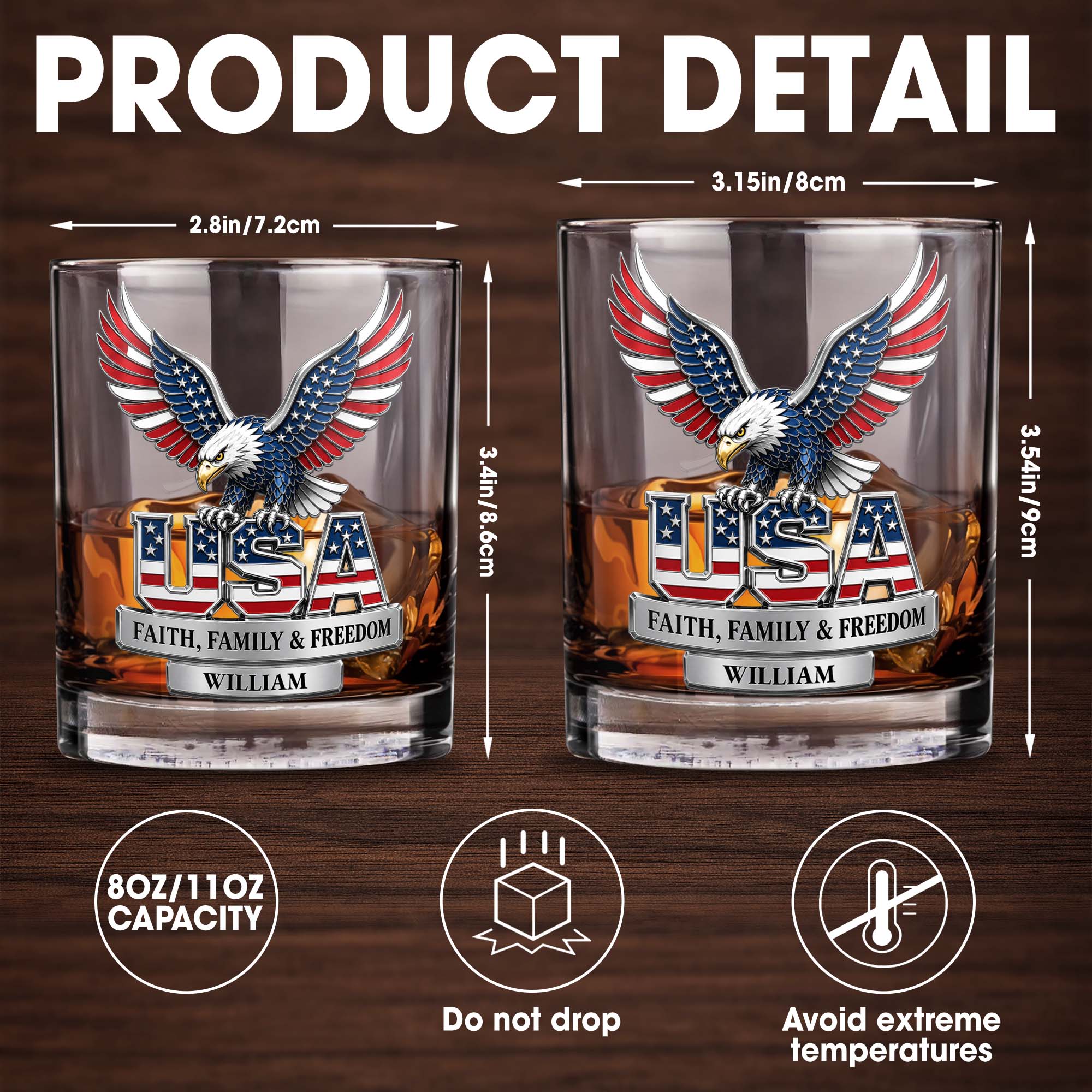 Personalized Patriotic Eagle Whiskey Glass Gift for Dad