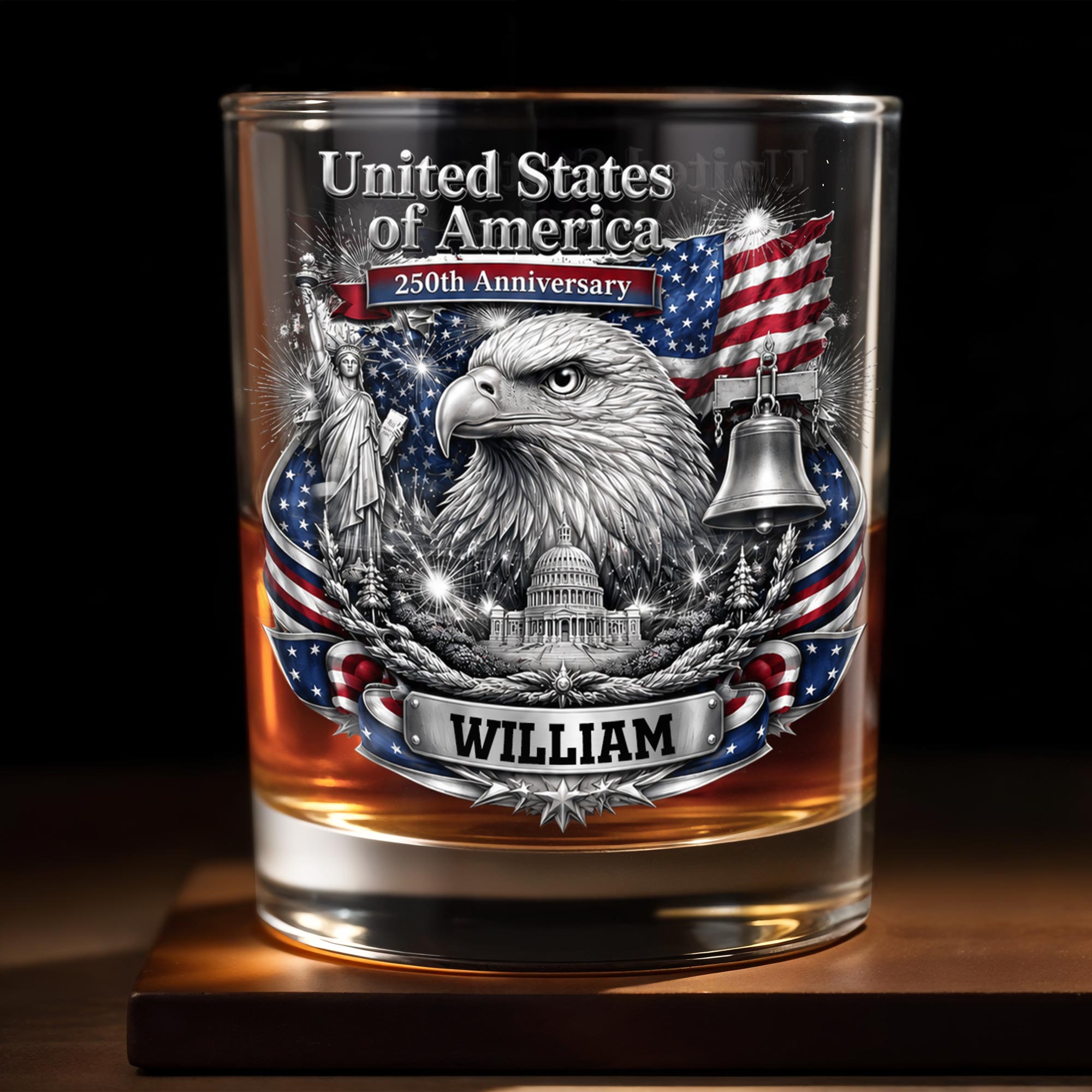 Personalized Custom Whiskey Glass with American Flag Gift for Dad