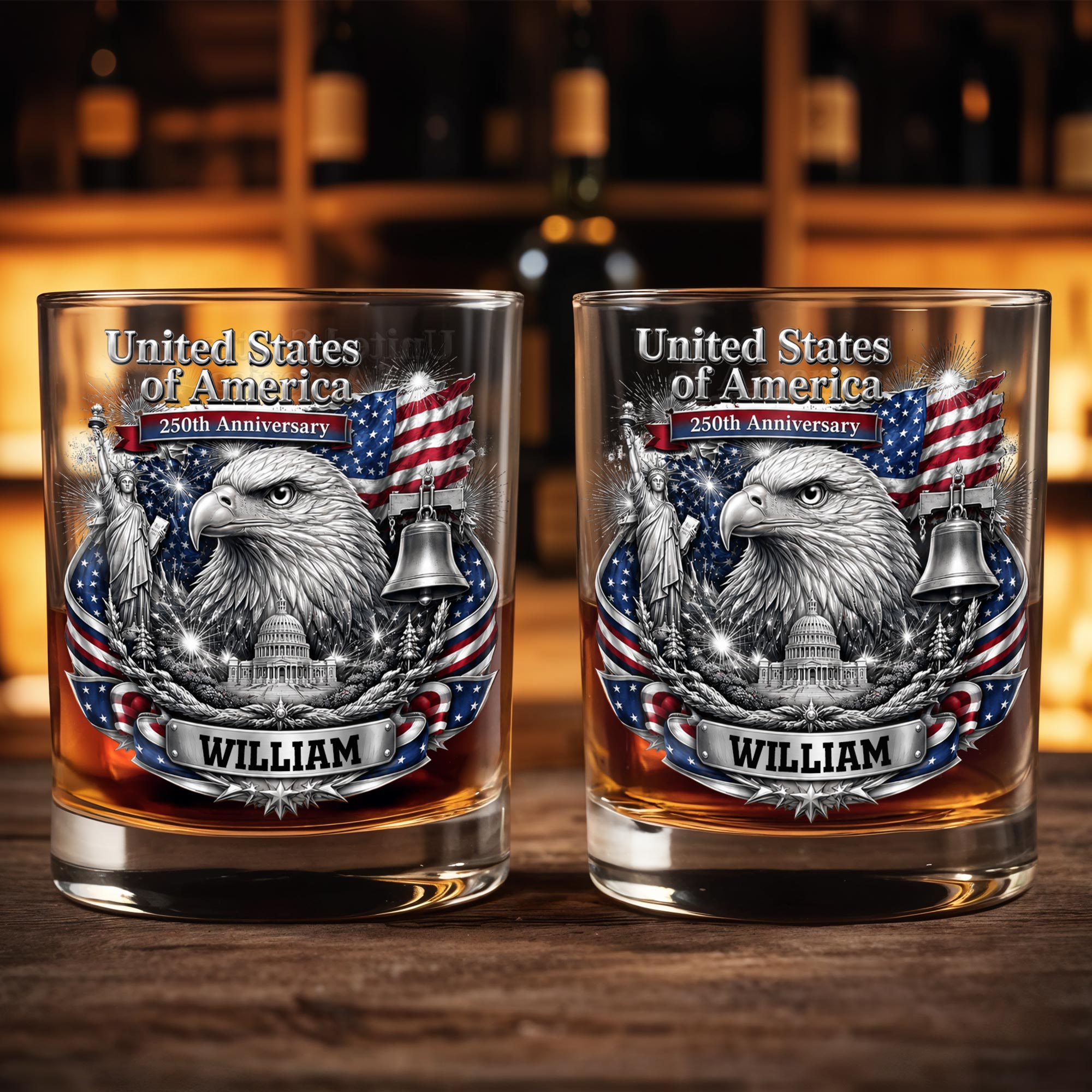 Personalized Custom Whiskey Glass with American Flag Gift for Dad