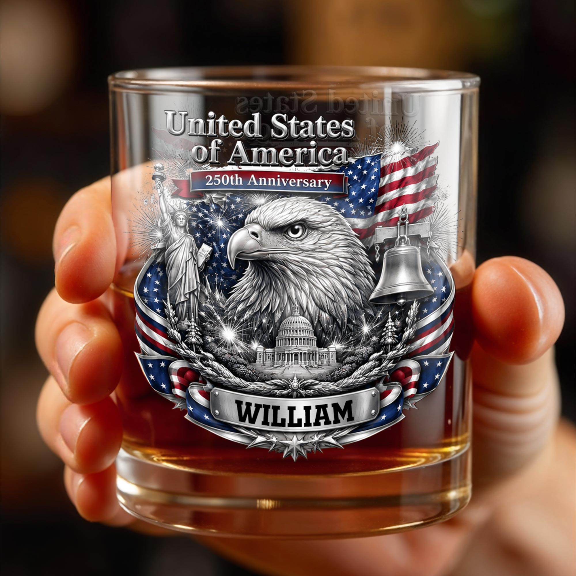Personalized Custom Whiskey Glass with American Flag Gift for Dad