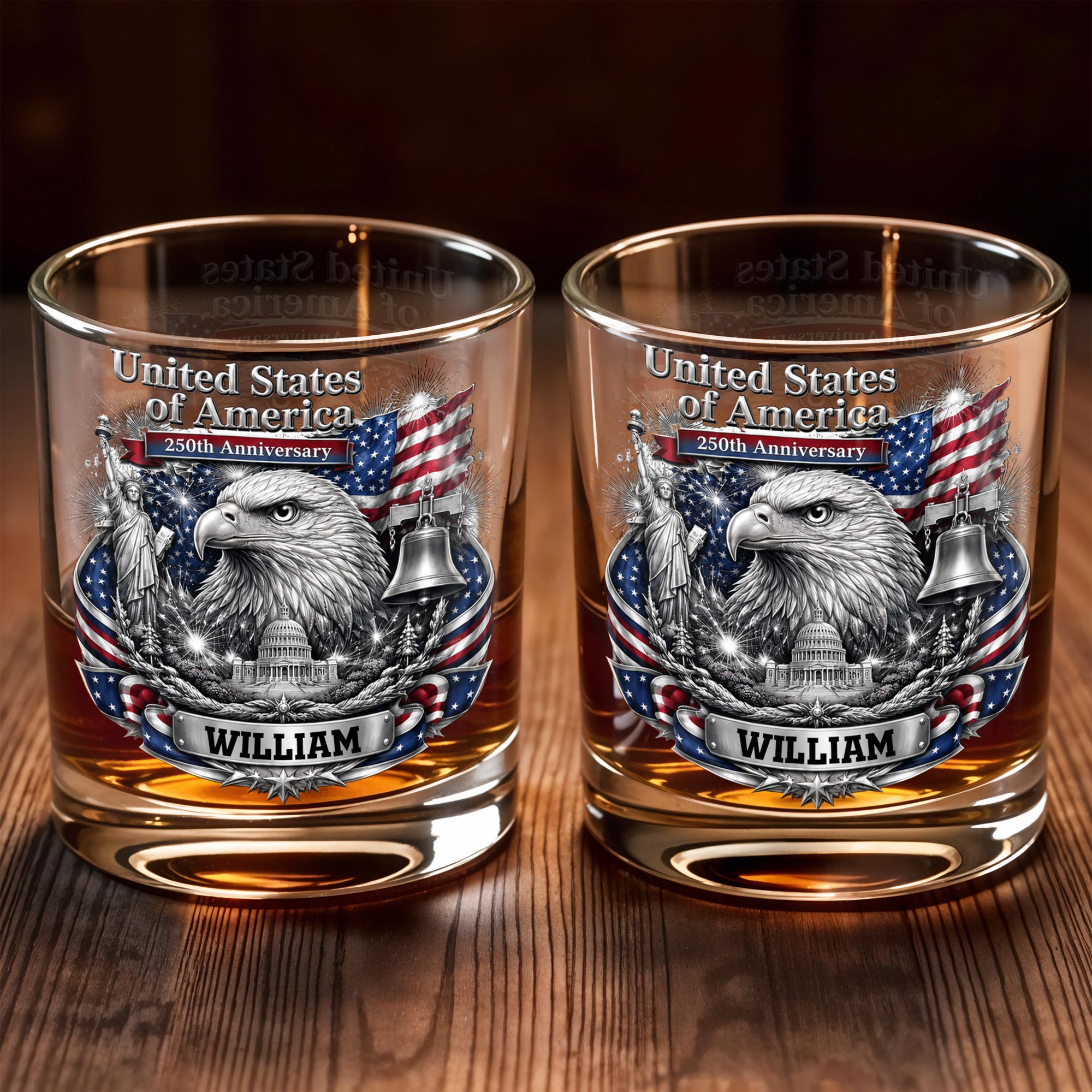 Personalized Custom Whiskey Glass with American Flag Gift for Dad