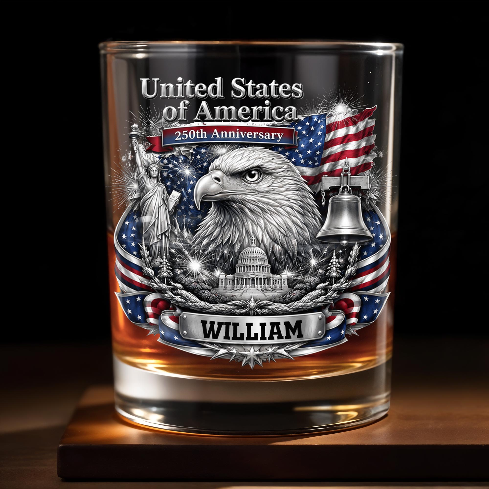 Personalized Custom Whiskey Glass with American Flag Gift for Dad