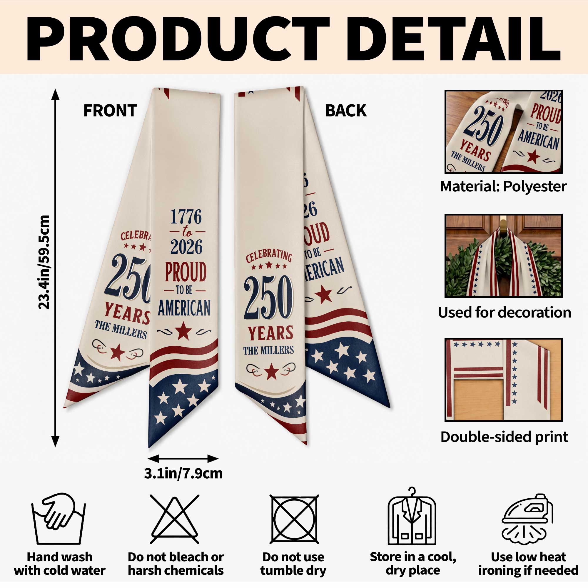 Personalized American Flag Decorative Sash Custom Family Name 4th of July