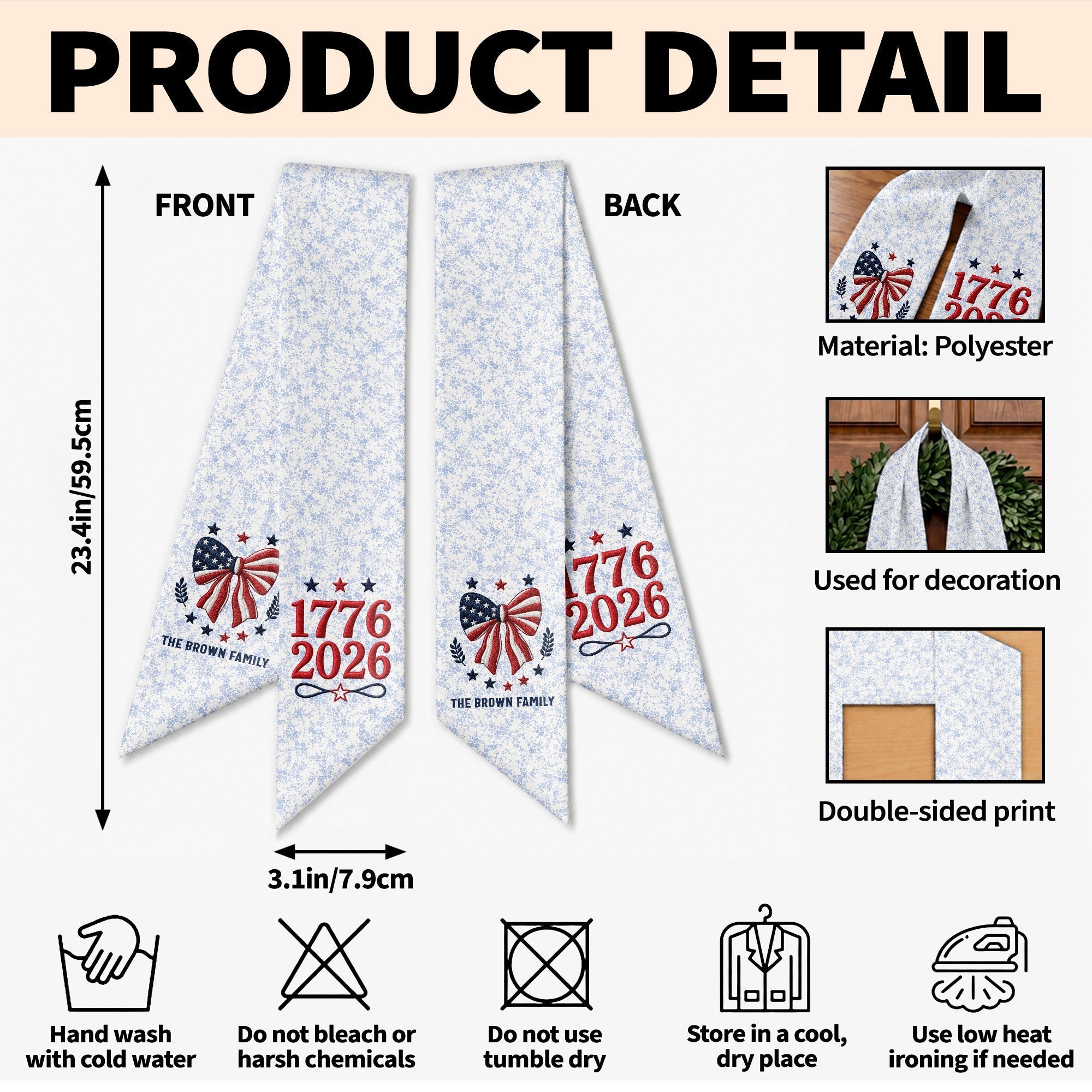 Personalized Independence Day Flag Decorative Sash Custom Family Name 250th Anniversary