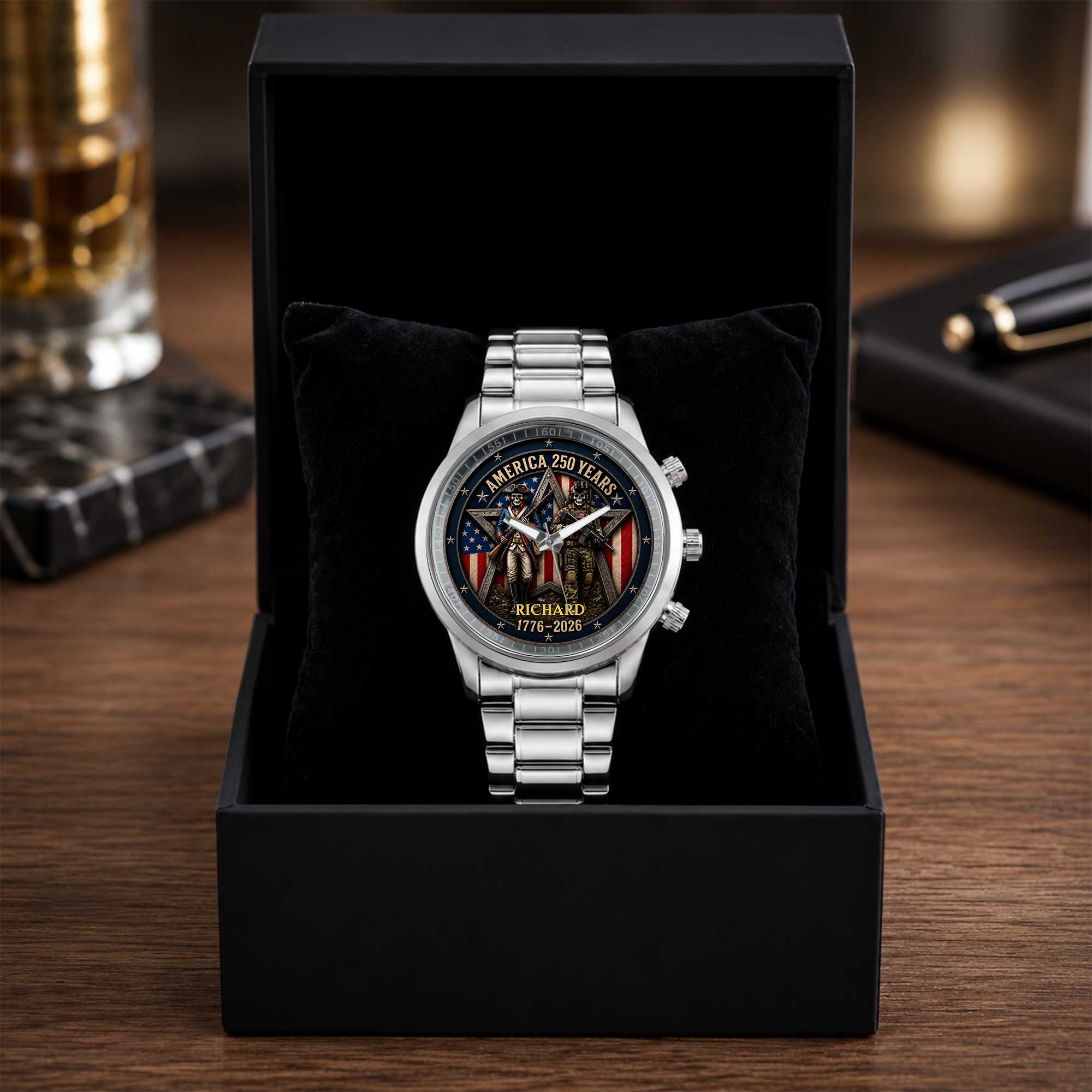 Personalized Men's Watch Custom Name American Flag Gift for Dad