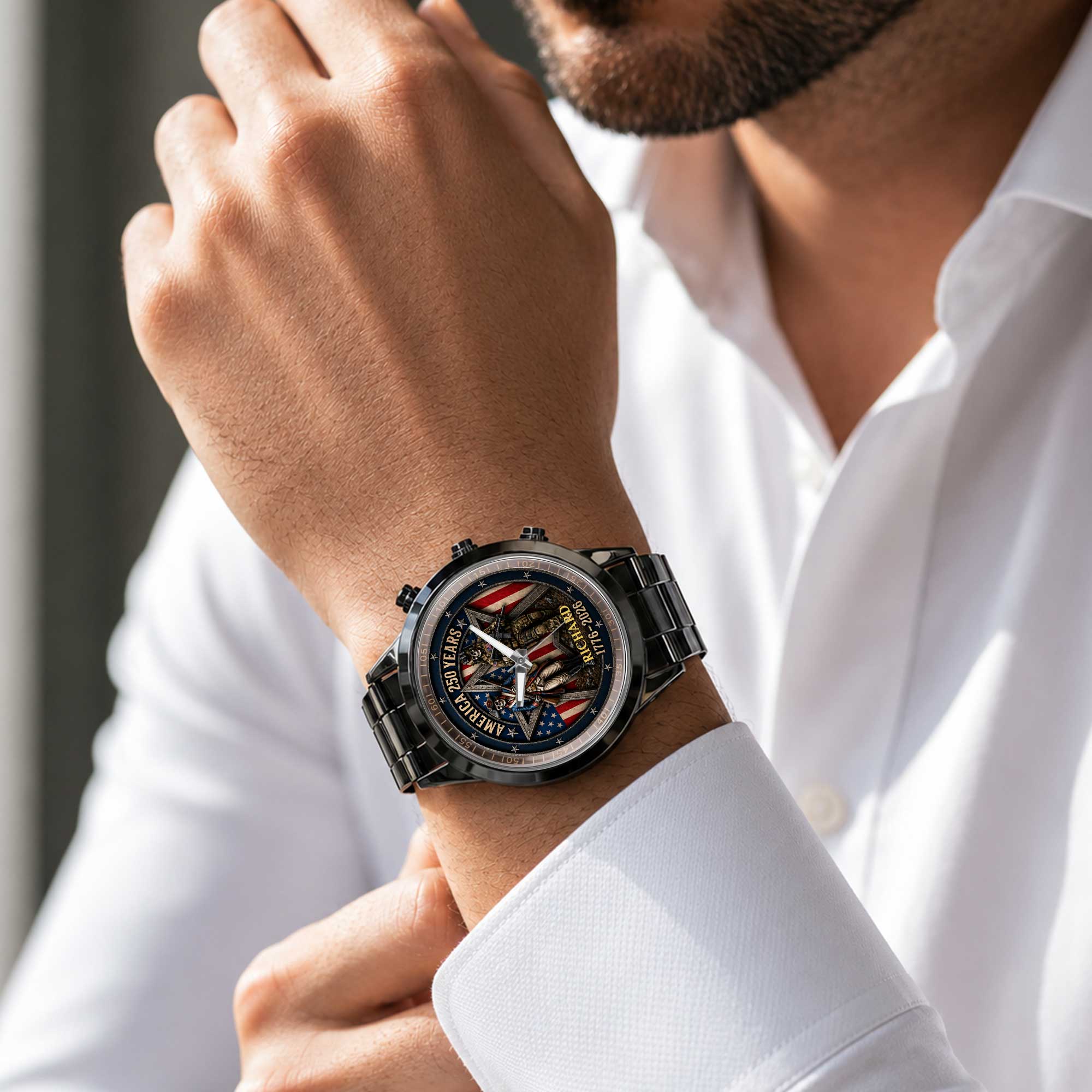 Personalized Men's Watch Custom Name American Flag Gift for Dad