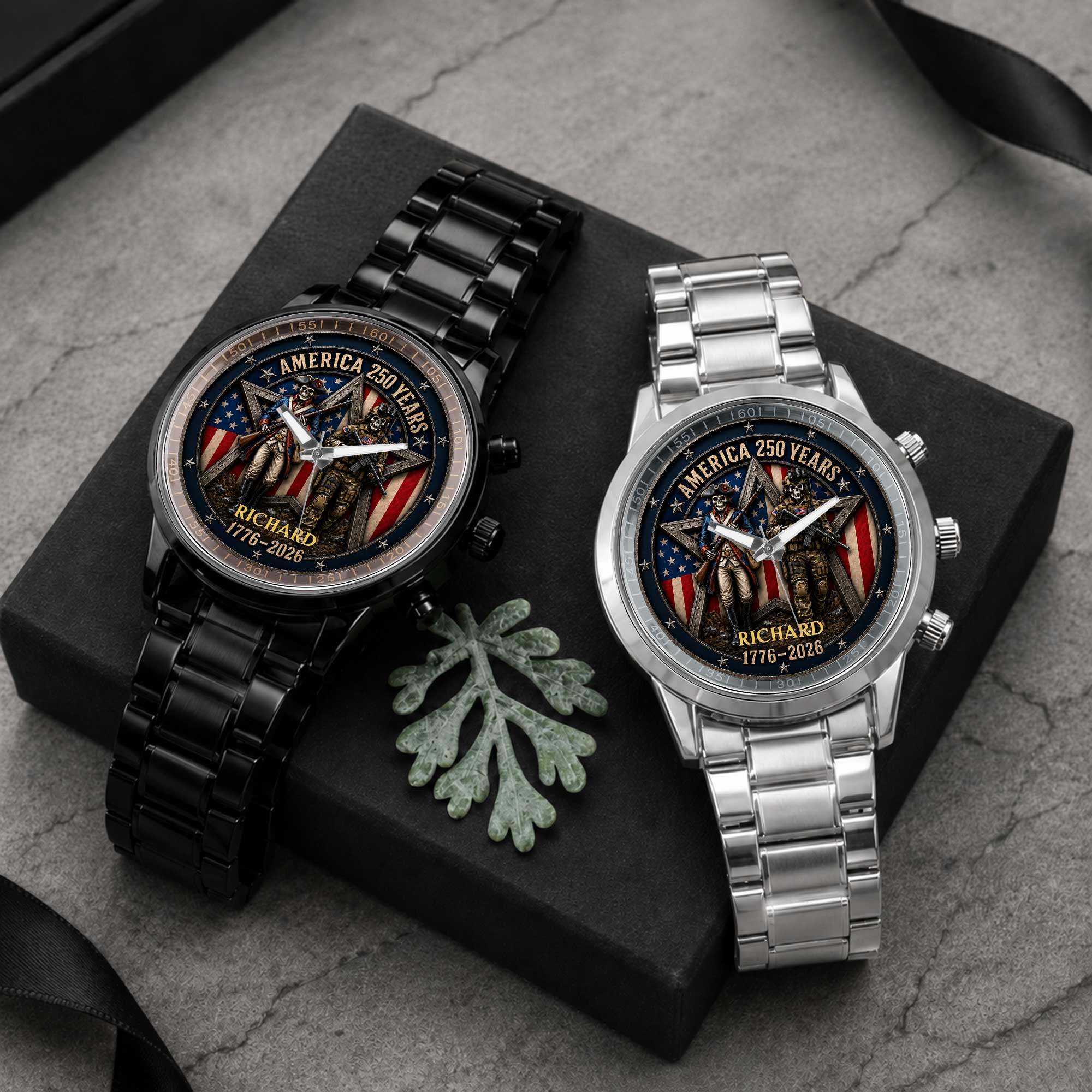Personalized Men's Watch Custom Name American Flag Gift for Dad