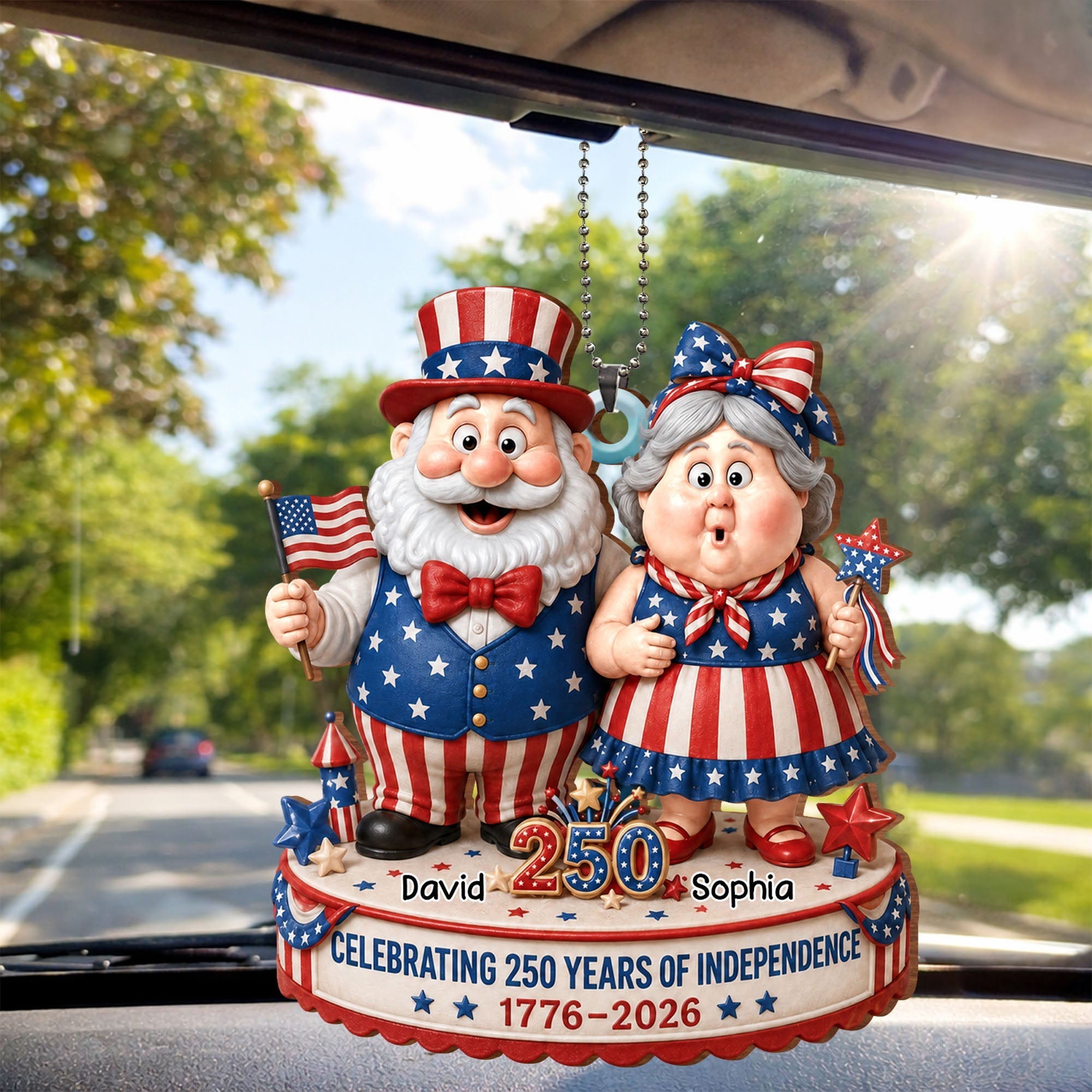 Personalized Wood Car Hanging Ornament American Flag Gift for Couple