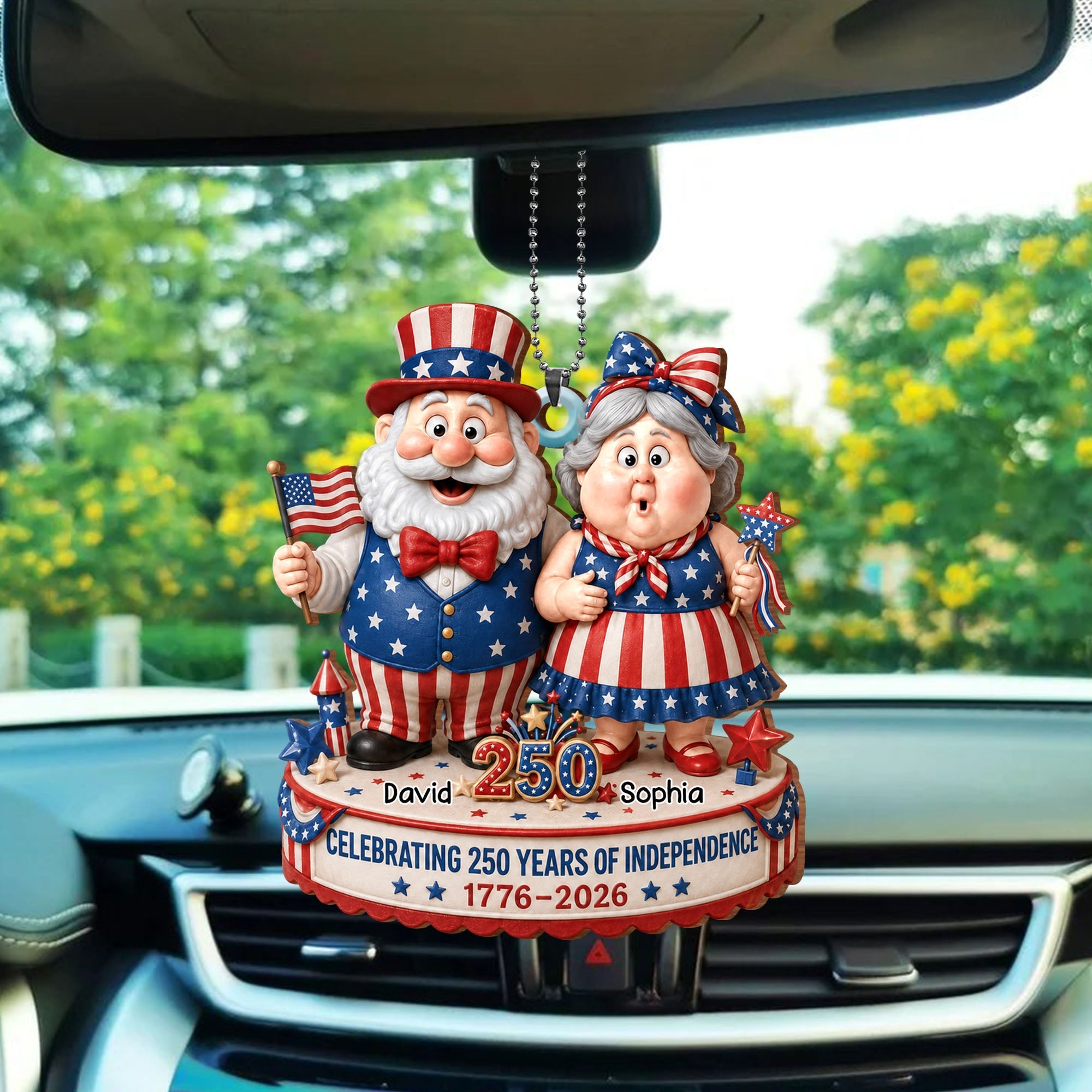 Personalized Wood Car Hanging Ornament American Flag Gift for Couple