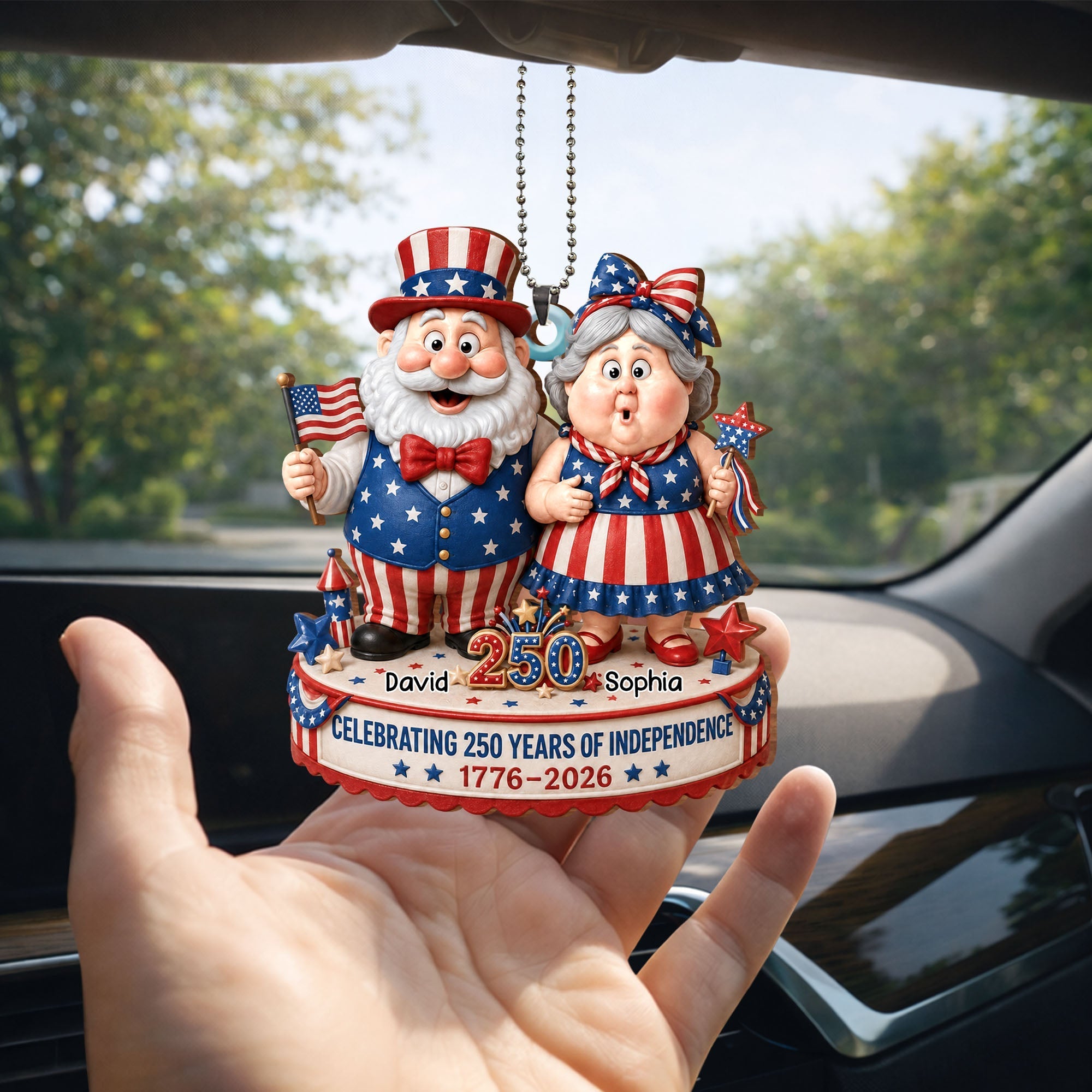 Personalized Wood Car Hanging Ornament American Flag Gift for Couple