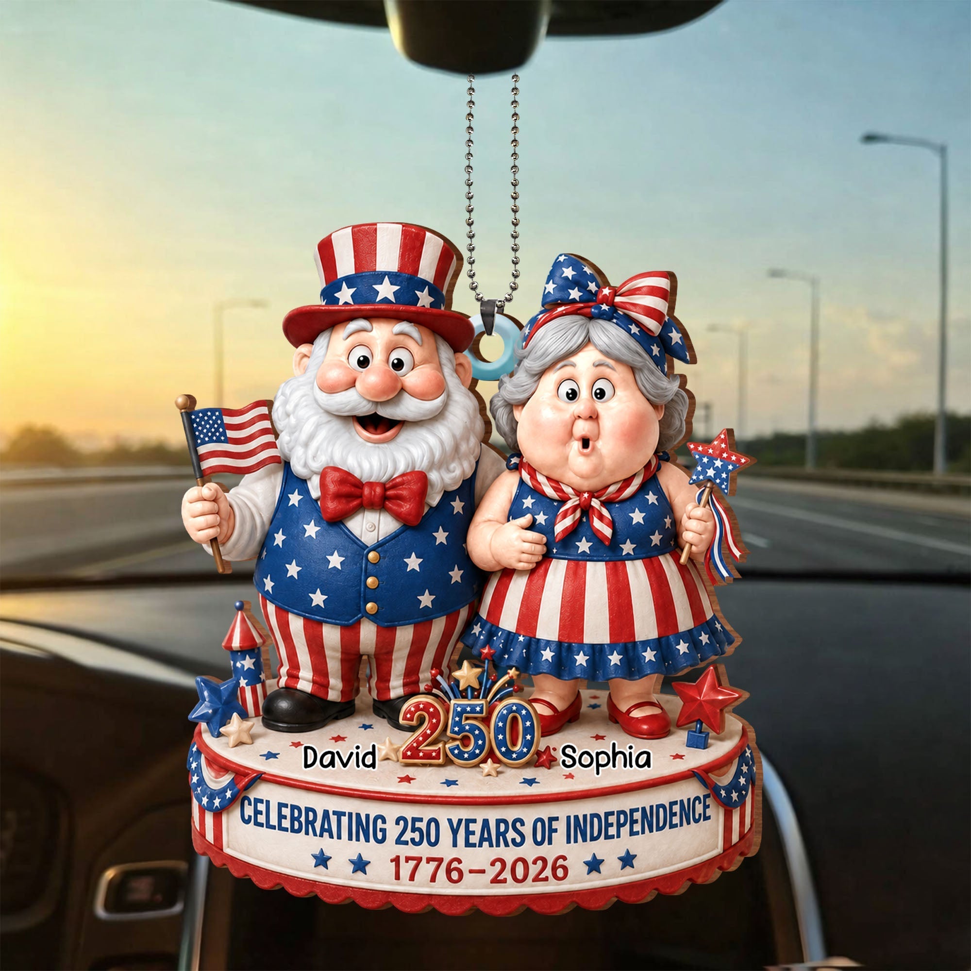 Personalized Wood Car Hanging Ornament American Flag Gift for Couple