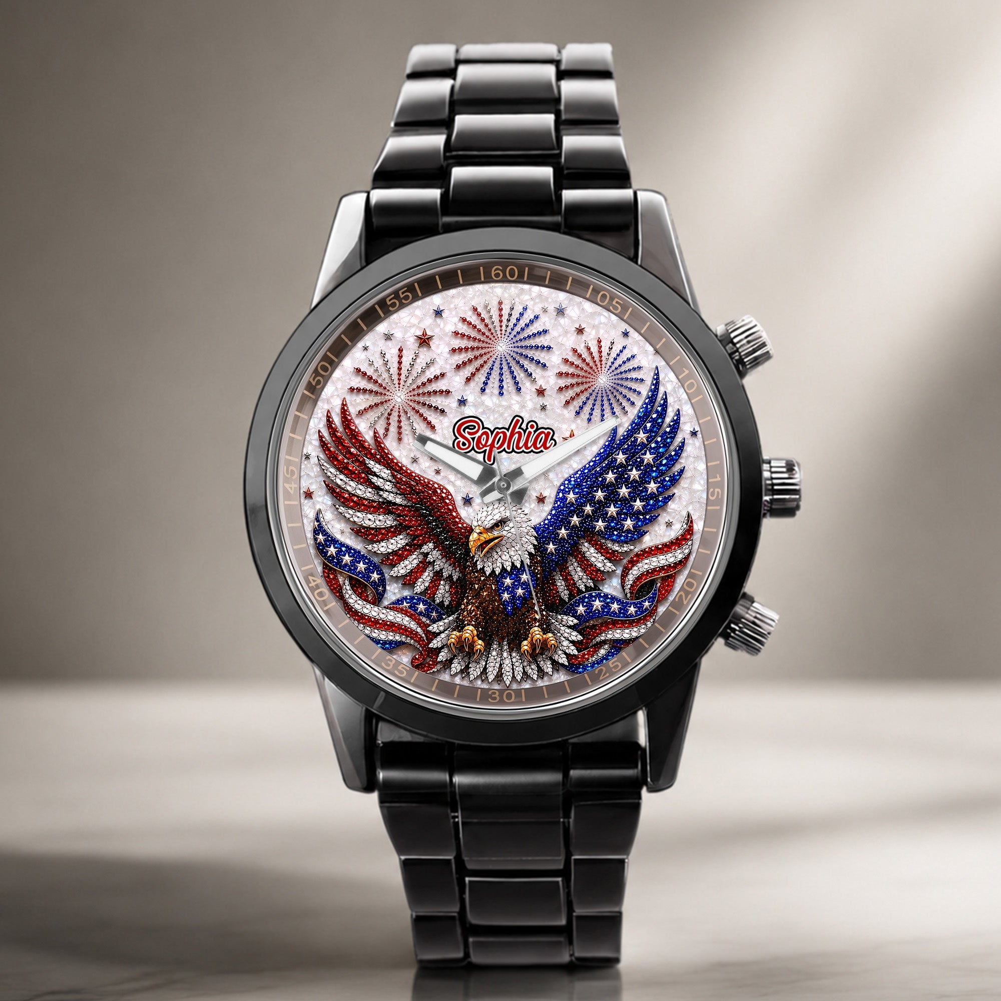 Personalized Black Men's Watch Custom Name Eagle Design Gift
