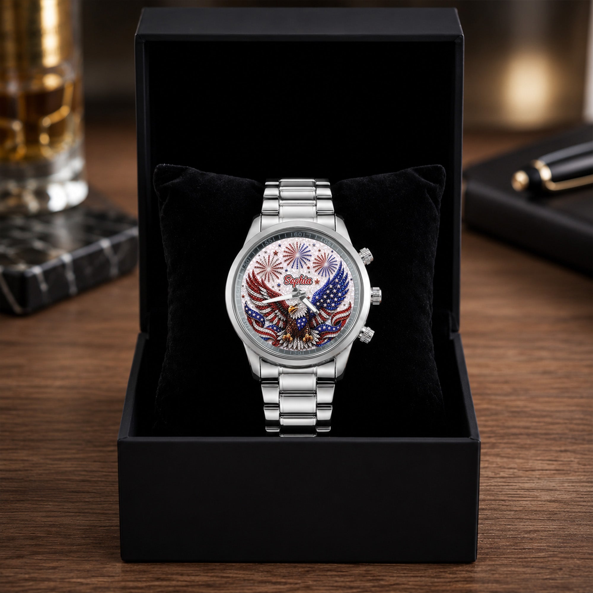 Personalized Black Men's Watch Custom Name Eagle Design Gift
