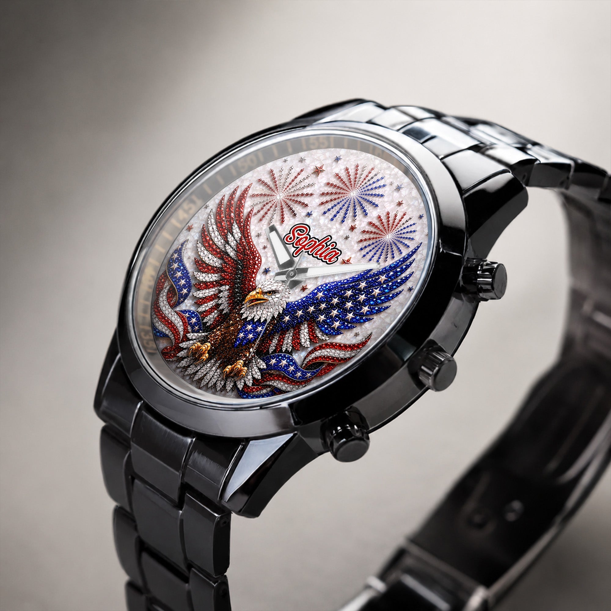 Personalized Black Men's Watch Custom Name Eagle Design Gift