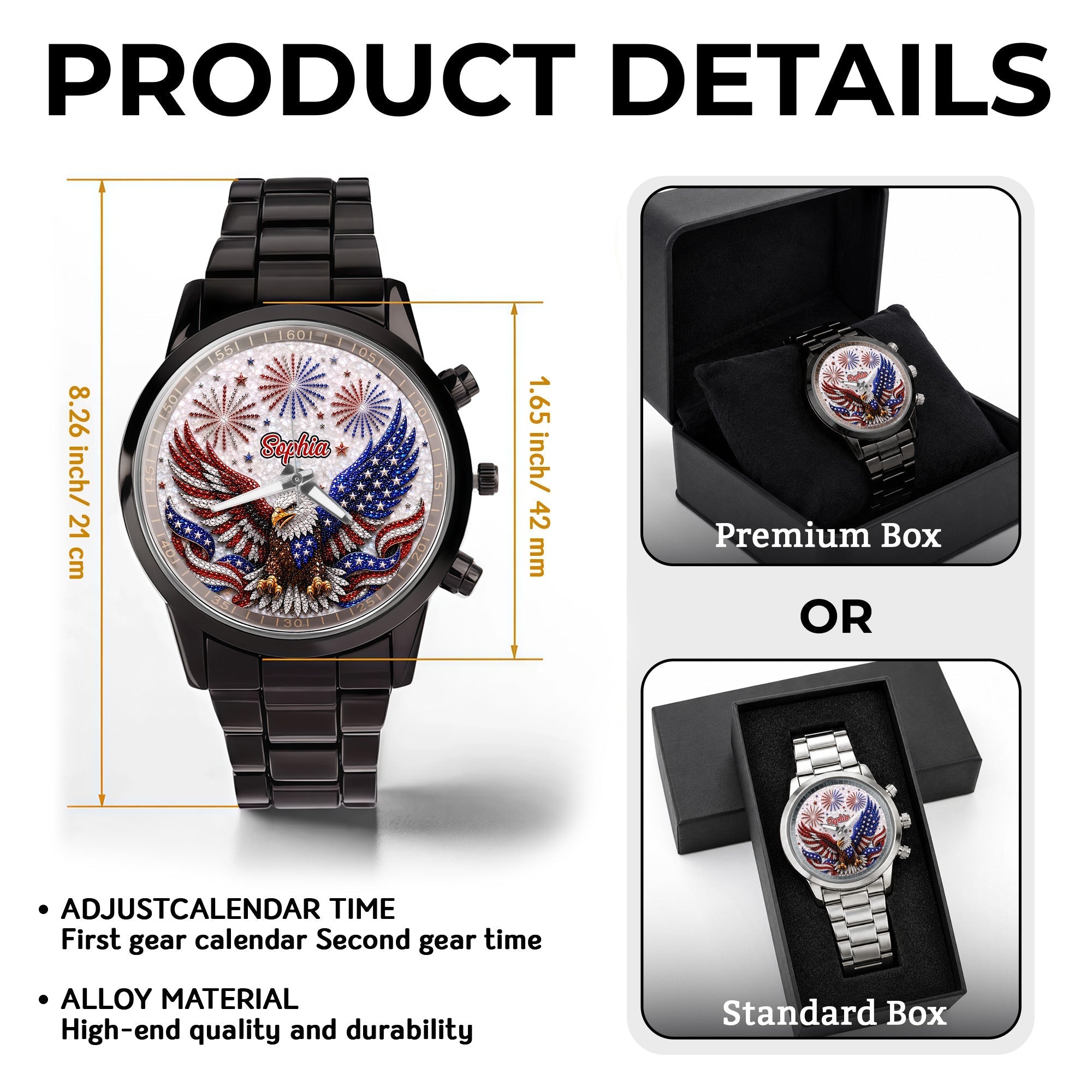 Personalized Black Men's Watch Custom Name Eagle Design Gift