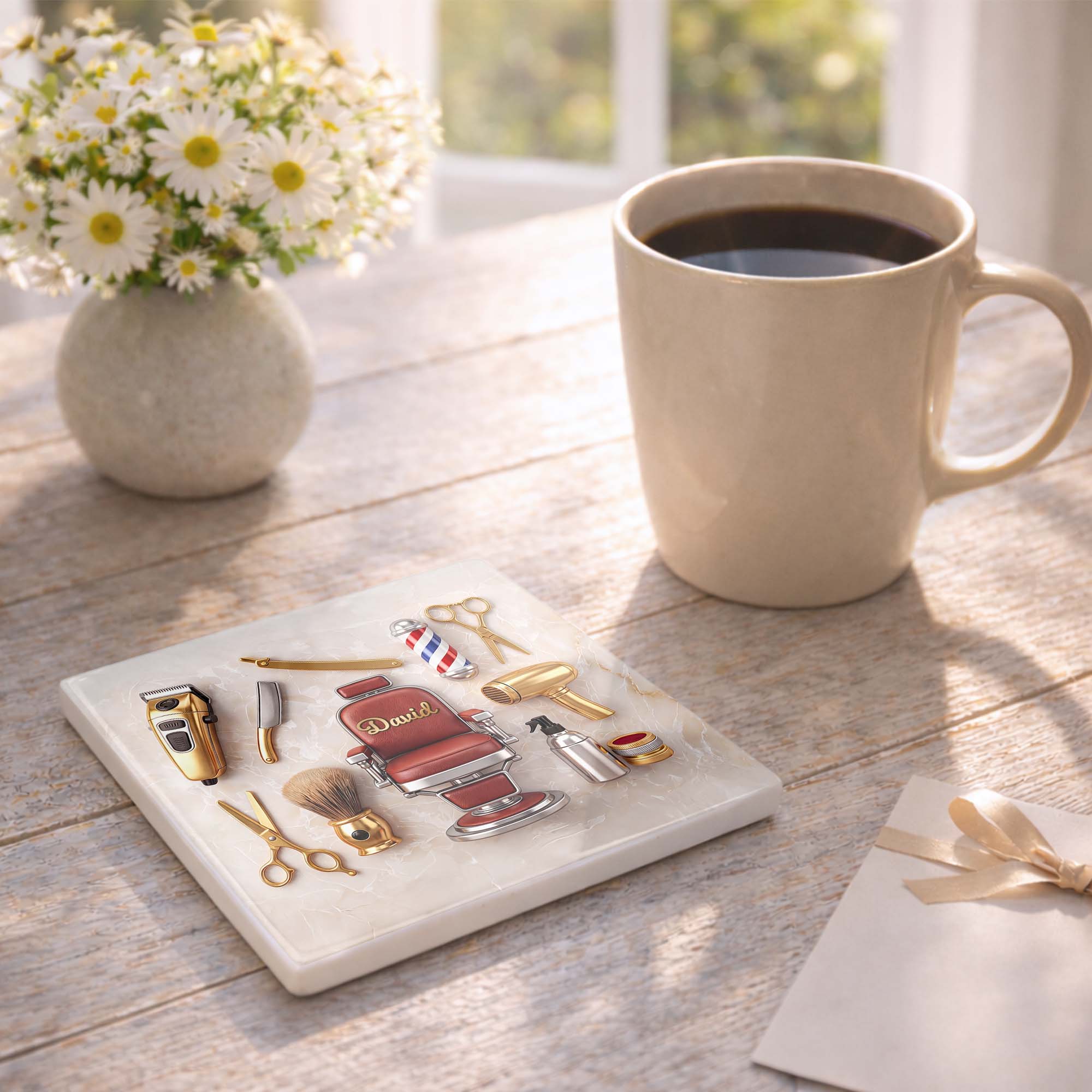 Personalized Ceramic Coaster Custom Barber Chair Gift for Dad